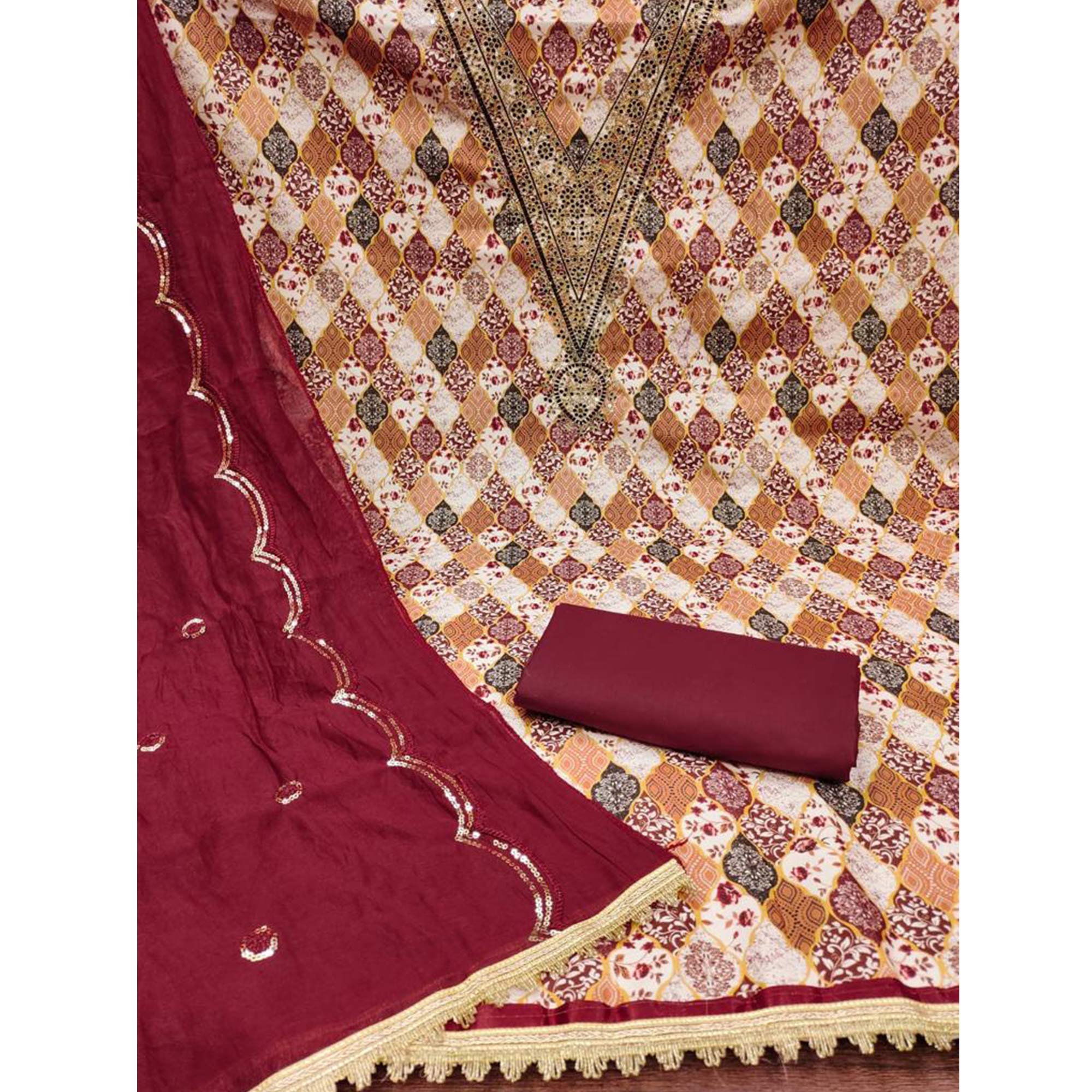 Maroon Digital Printed With Embroidered Cotton Blend Dress Material