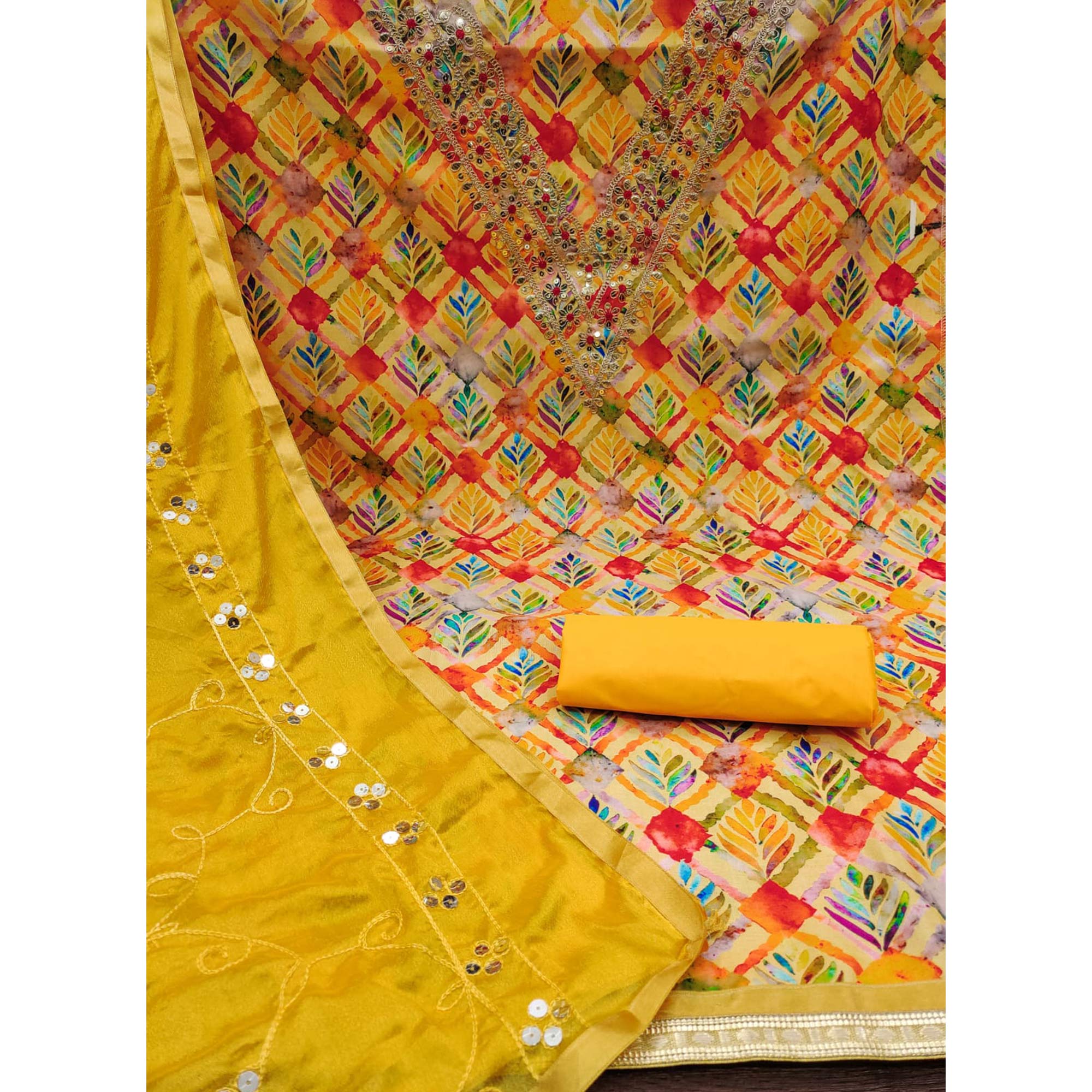 Yellow Digital Printed With Sequins Work Cotton Blend Dress Material