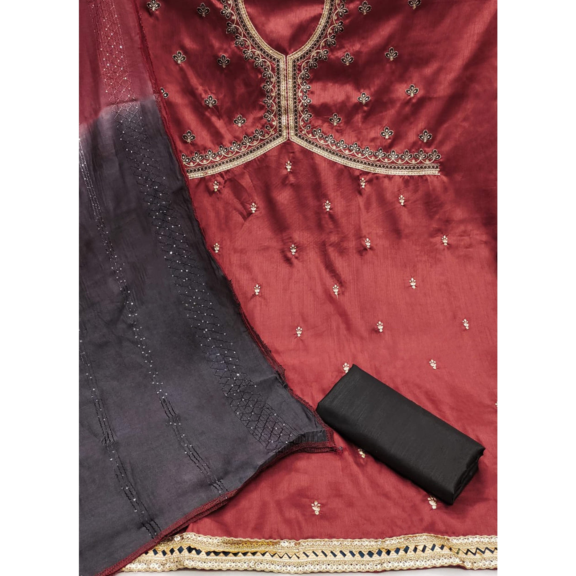 Rust Floral Embroidered Zoya Silk Dress Material