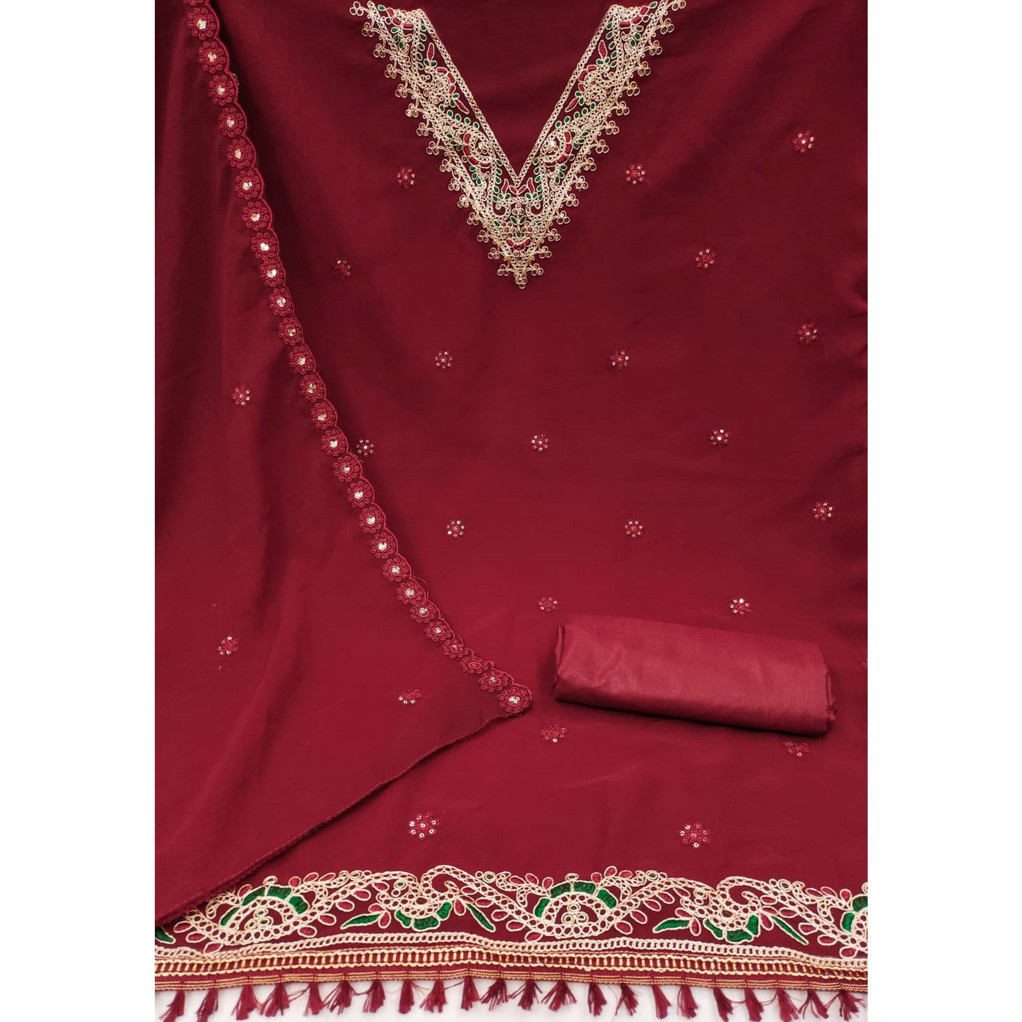Maroon Sequins Embroidered Georgette Dress Material