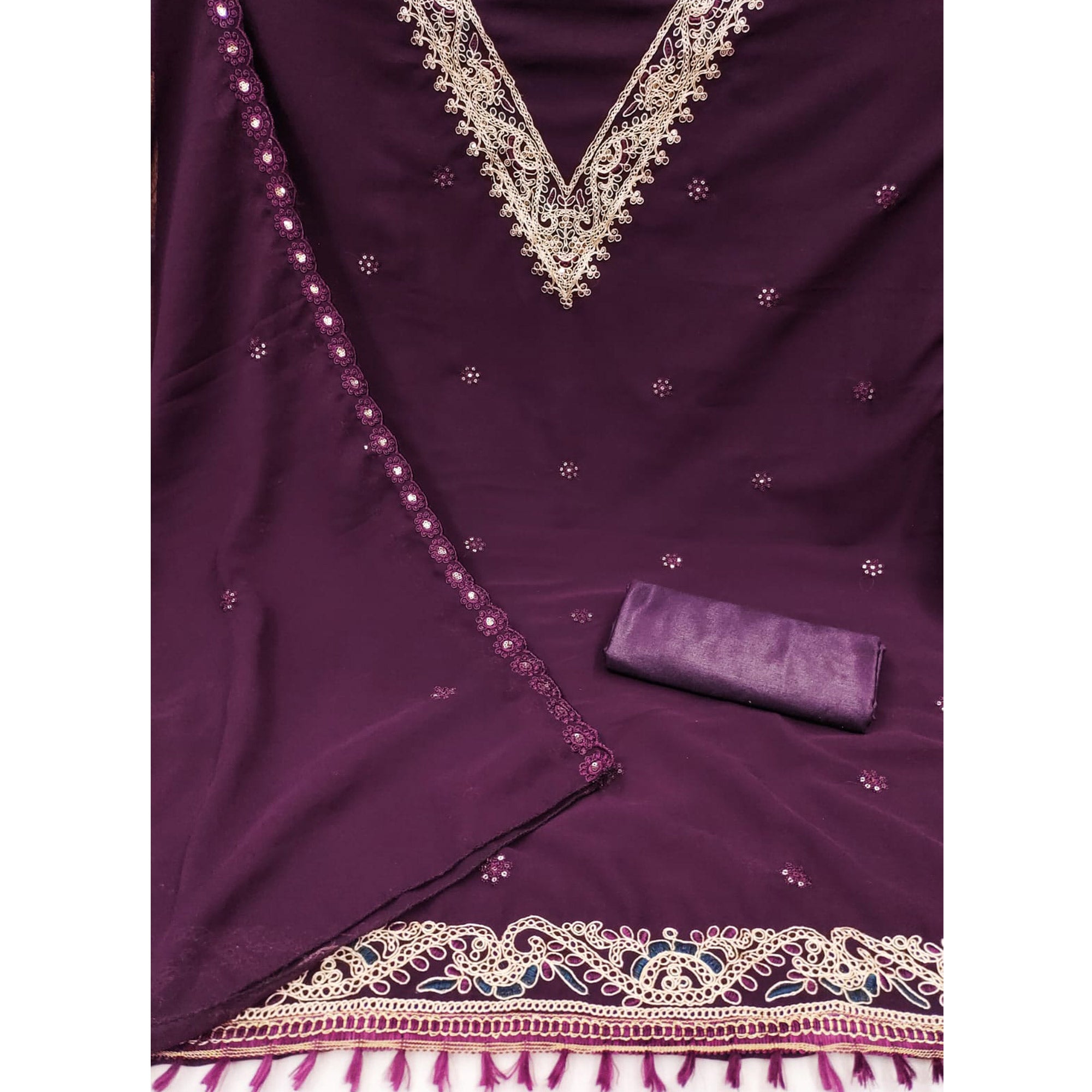 Purple Sequins Embroidered Georgette Dress Material