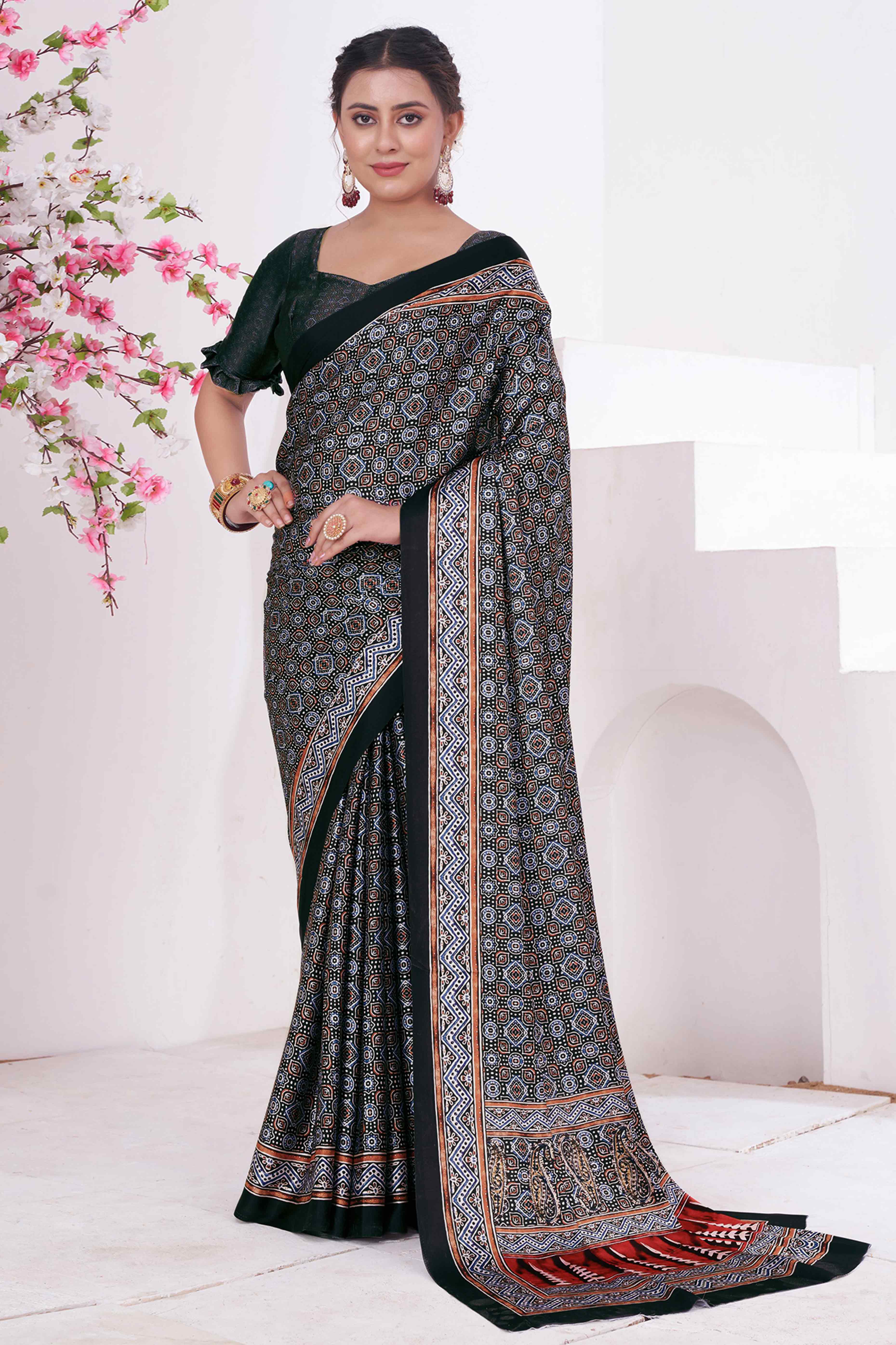 Black Digital Printed Crepe Saree