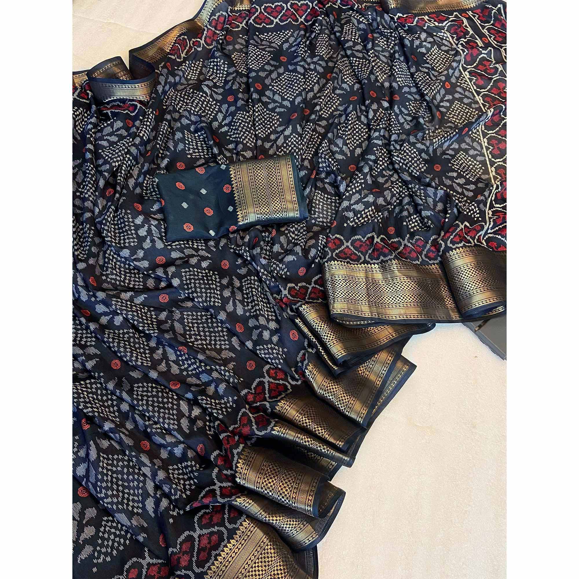 Black Ikkat Printed Cotton Silk Saree