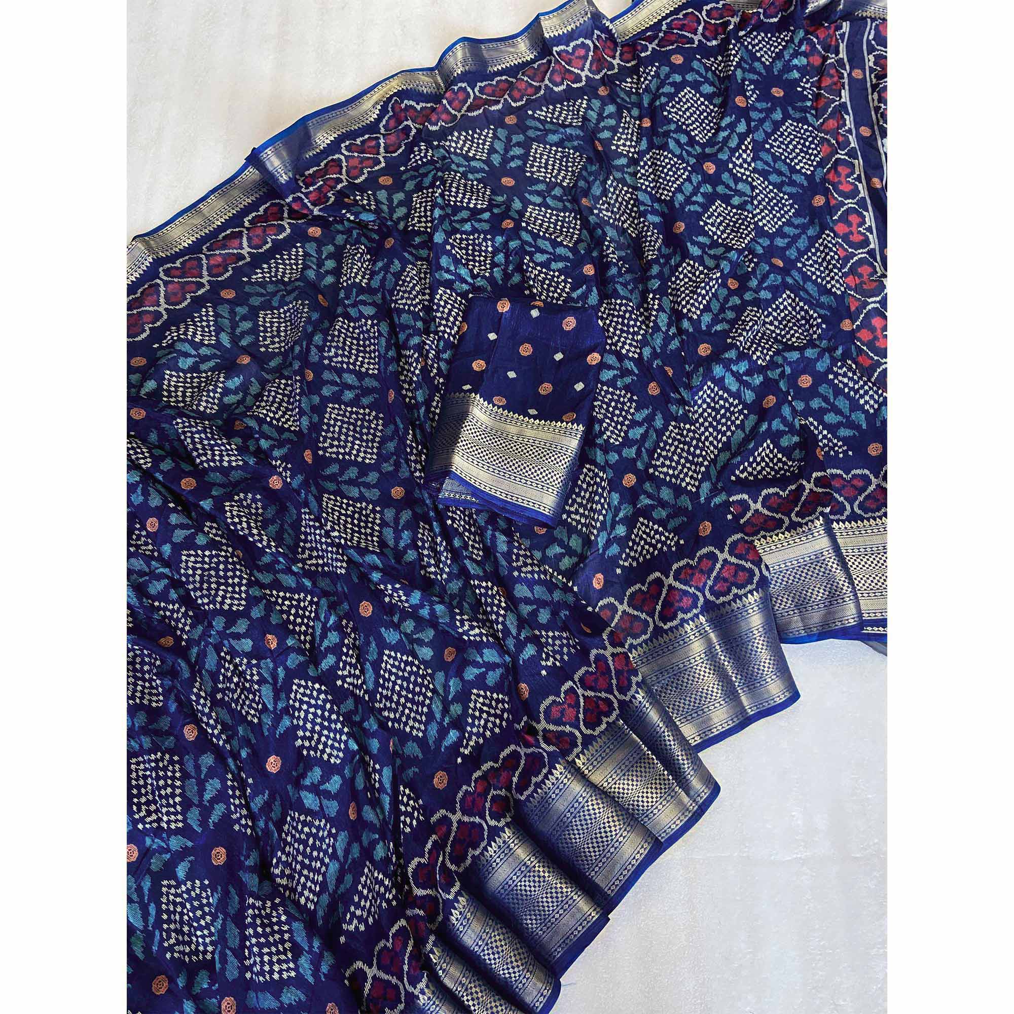 Blue Ikkat Printed Cotton Silk Saree