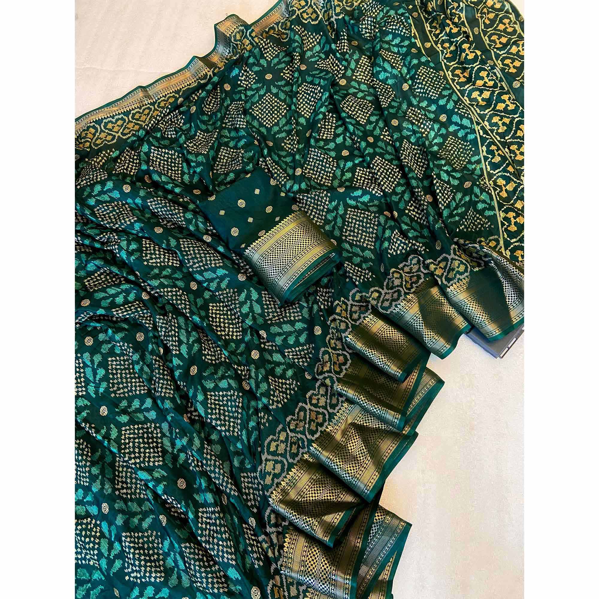 Green Ikkat Printed Cotton Silk Saree