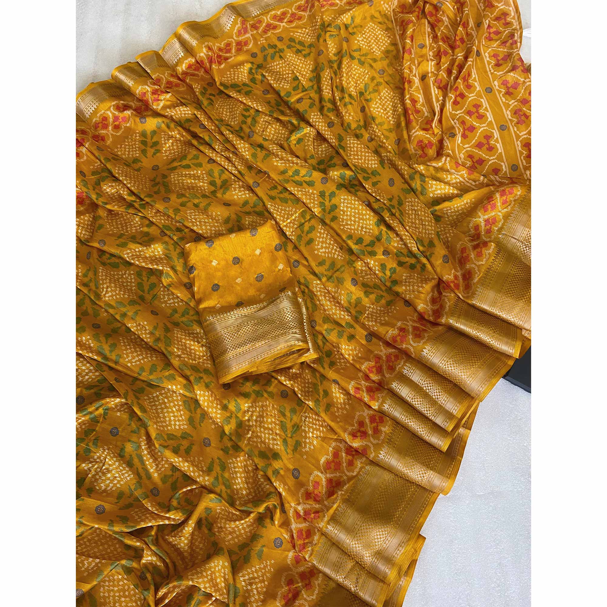 Mustard Ikkat Printed Cotton Silk Saree