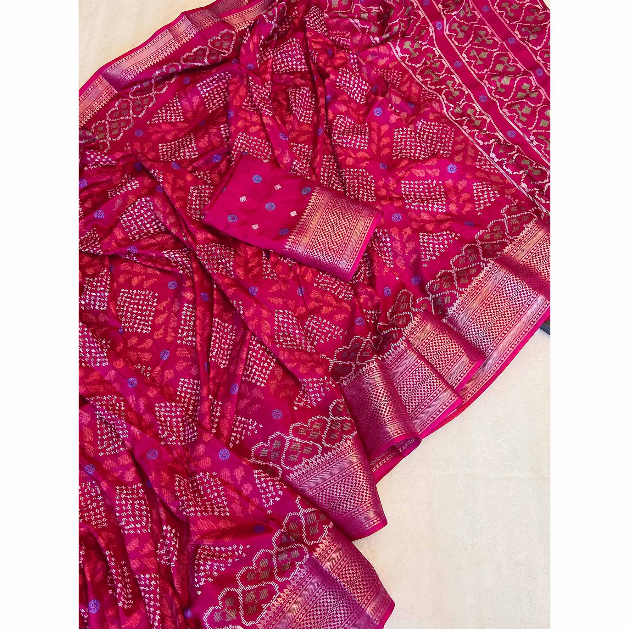 Pink Ikkat Printed Cotton Silk Saree