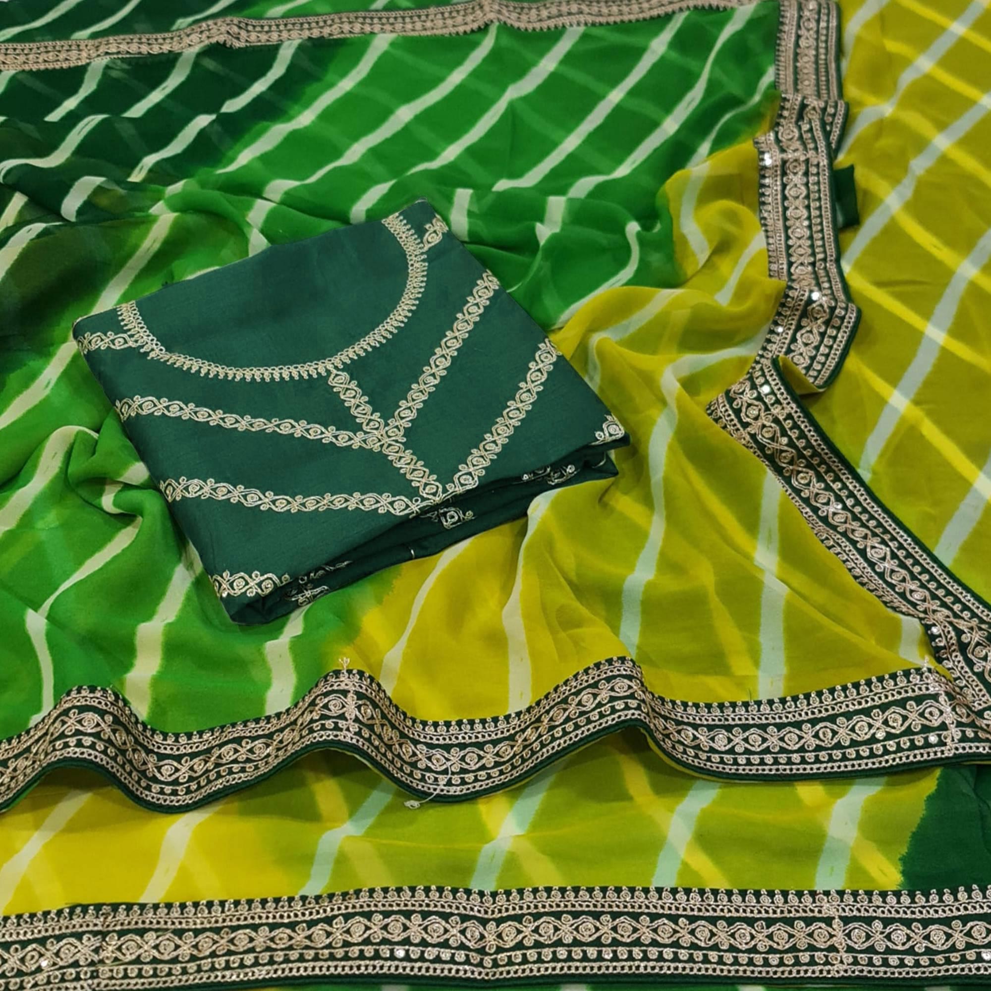 Green Printed Georgette Saree With lace Border