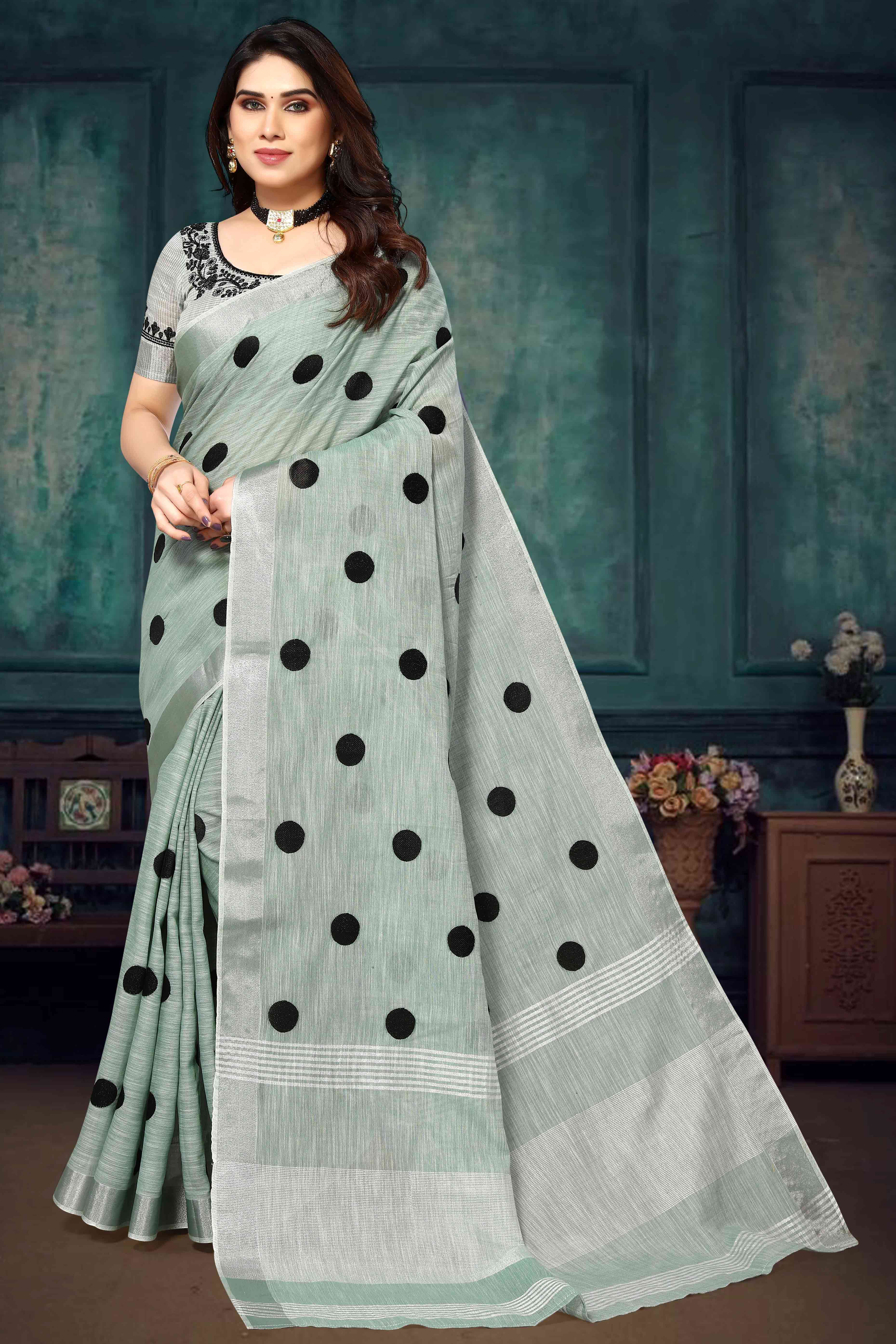 Green Embroidered Linen Cotton Saree With Zari Border