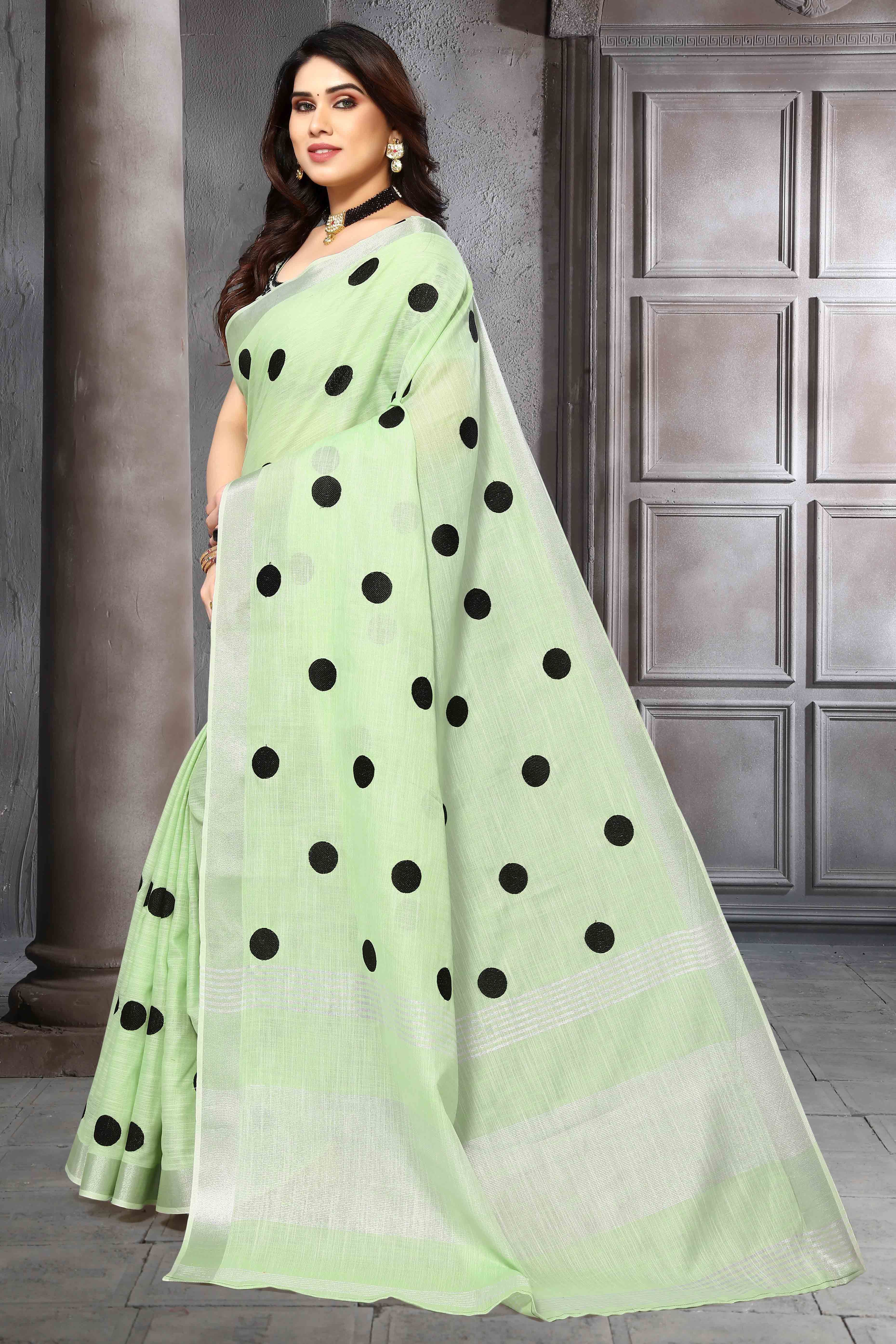 Light Green Embroidered Linen Cotton Saree With Zari Border