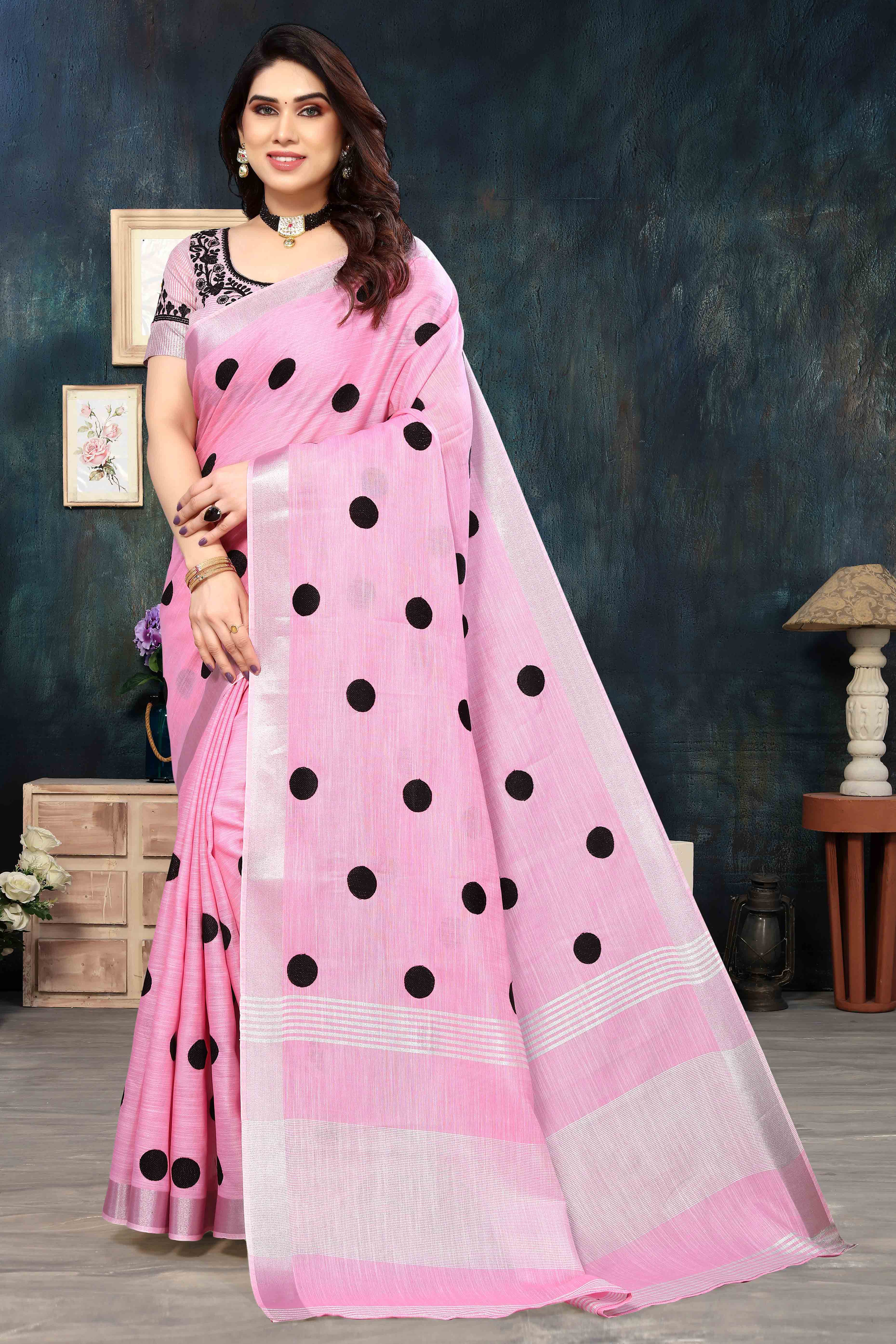 Pink Embroidered Linen Cotton Saree With Zari Border