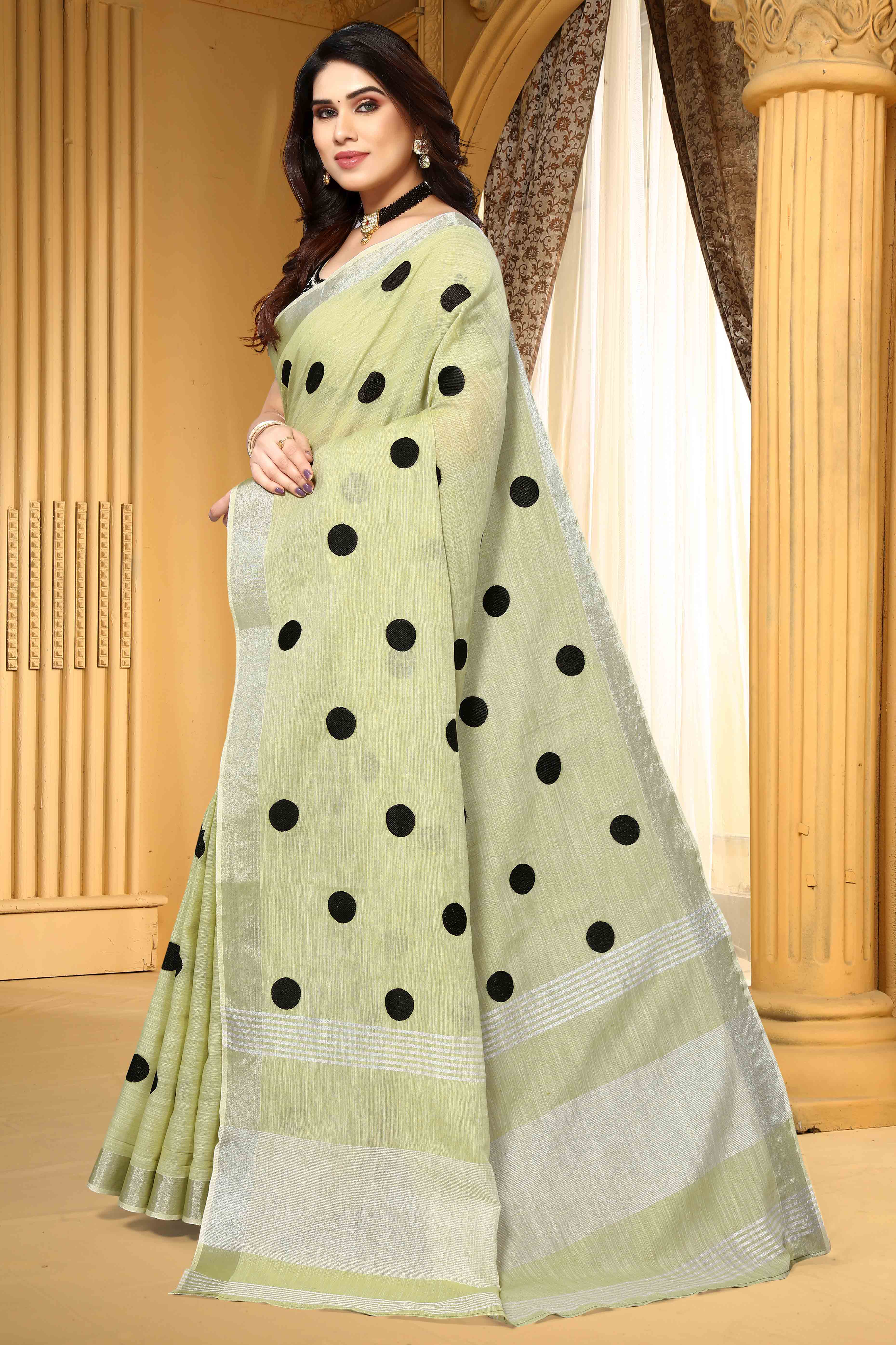 Pista Green Embroidered Linen Cotton Saree With Zari Border