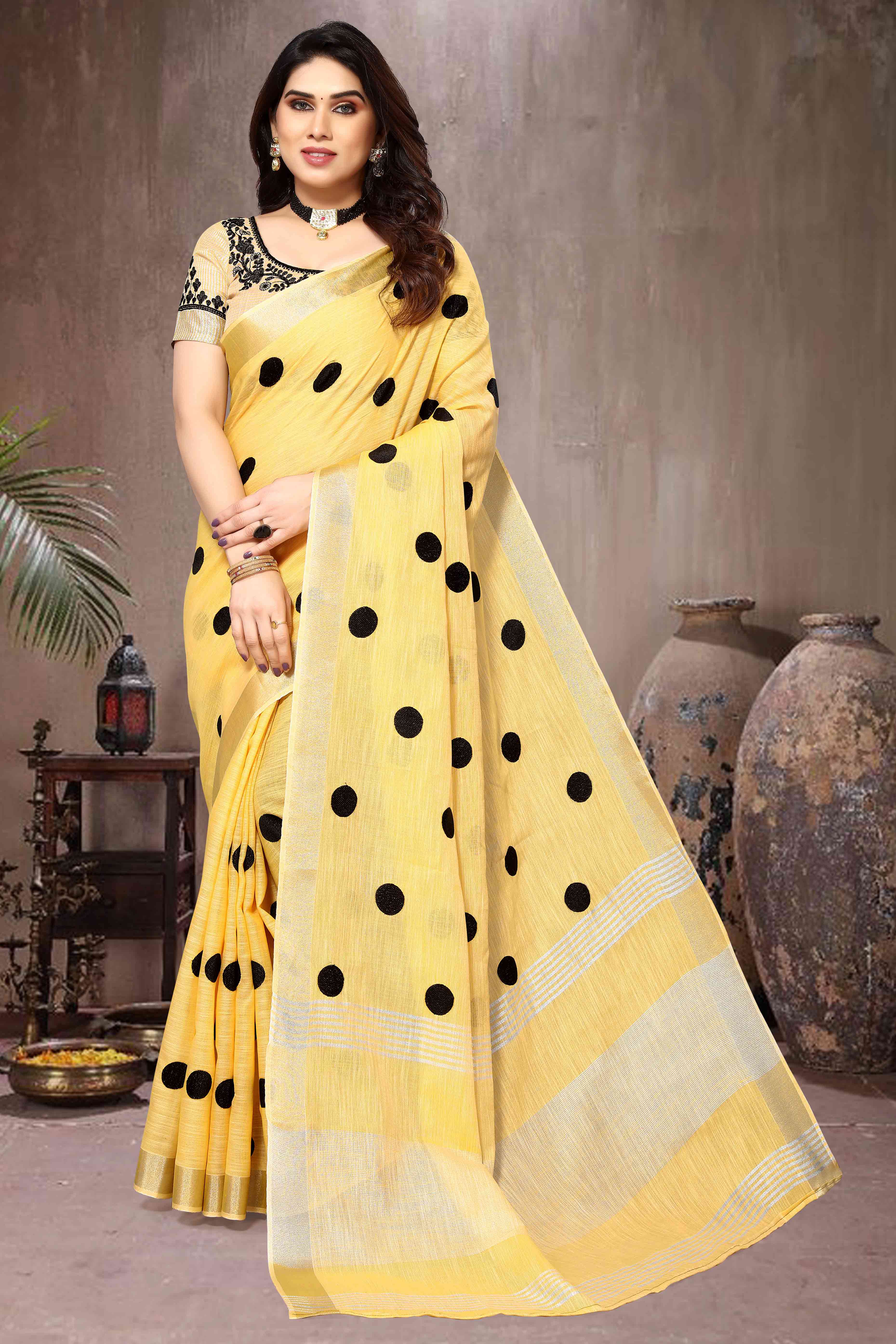 Yellow Embroidered Linen Cotton Saree With Zari Border