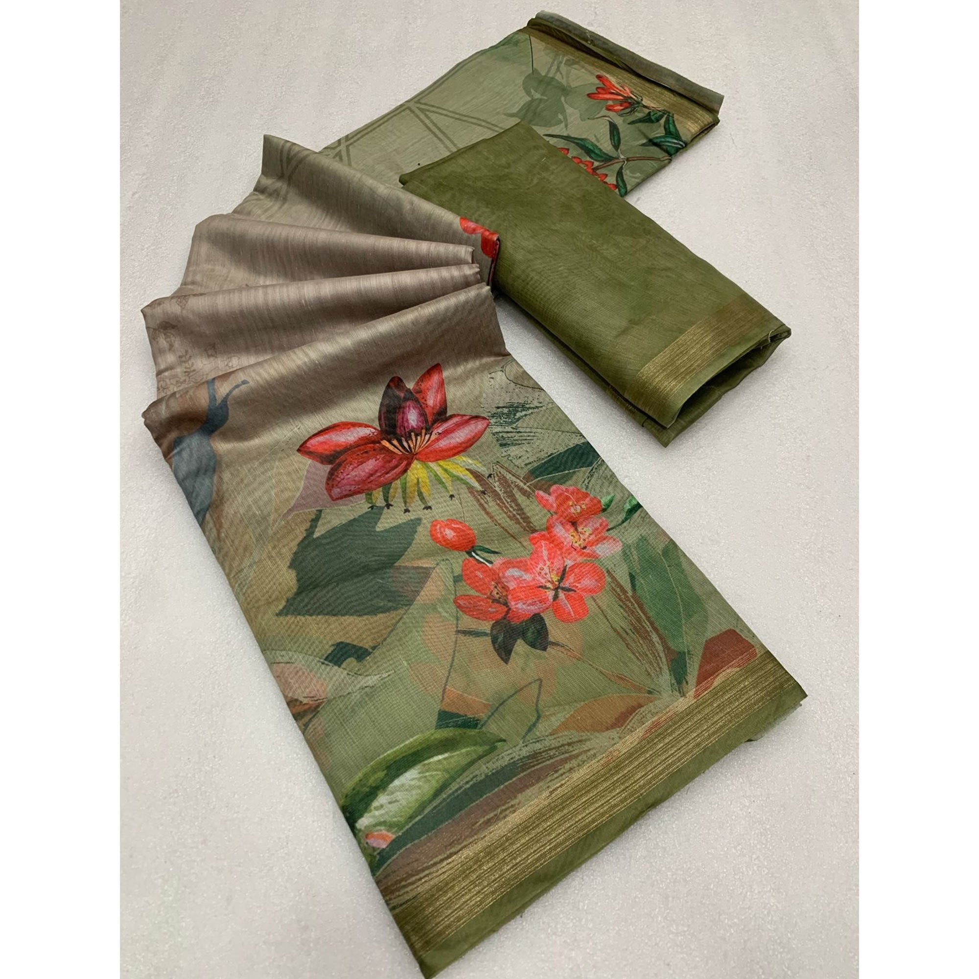 Green Floral Digital Printed Chanderi Saree