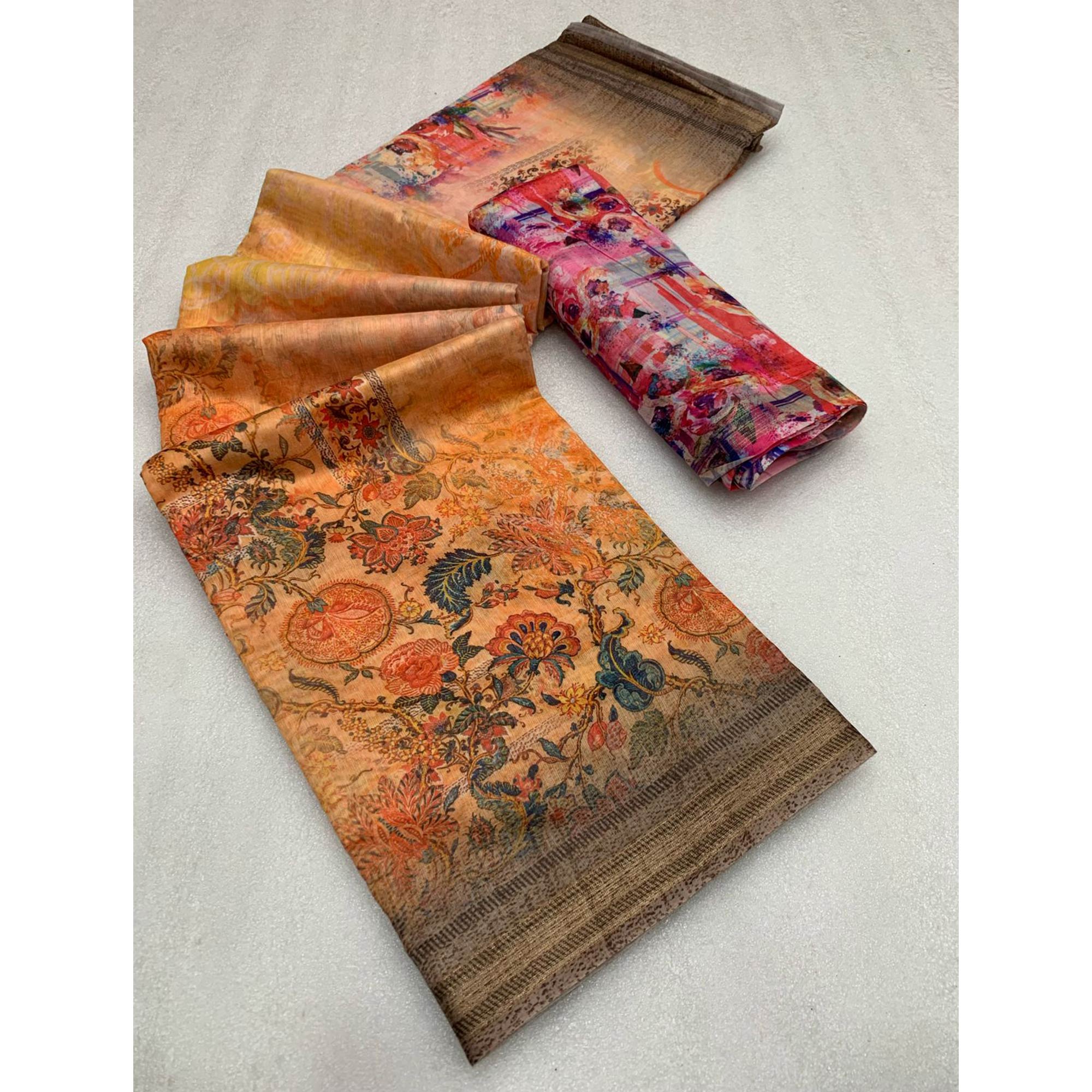 Orange Floral Digital Printed Chanderi Saree