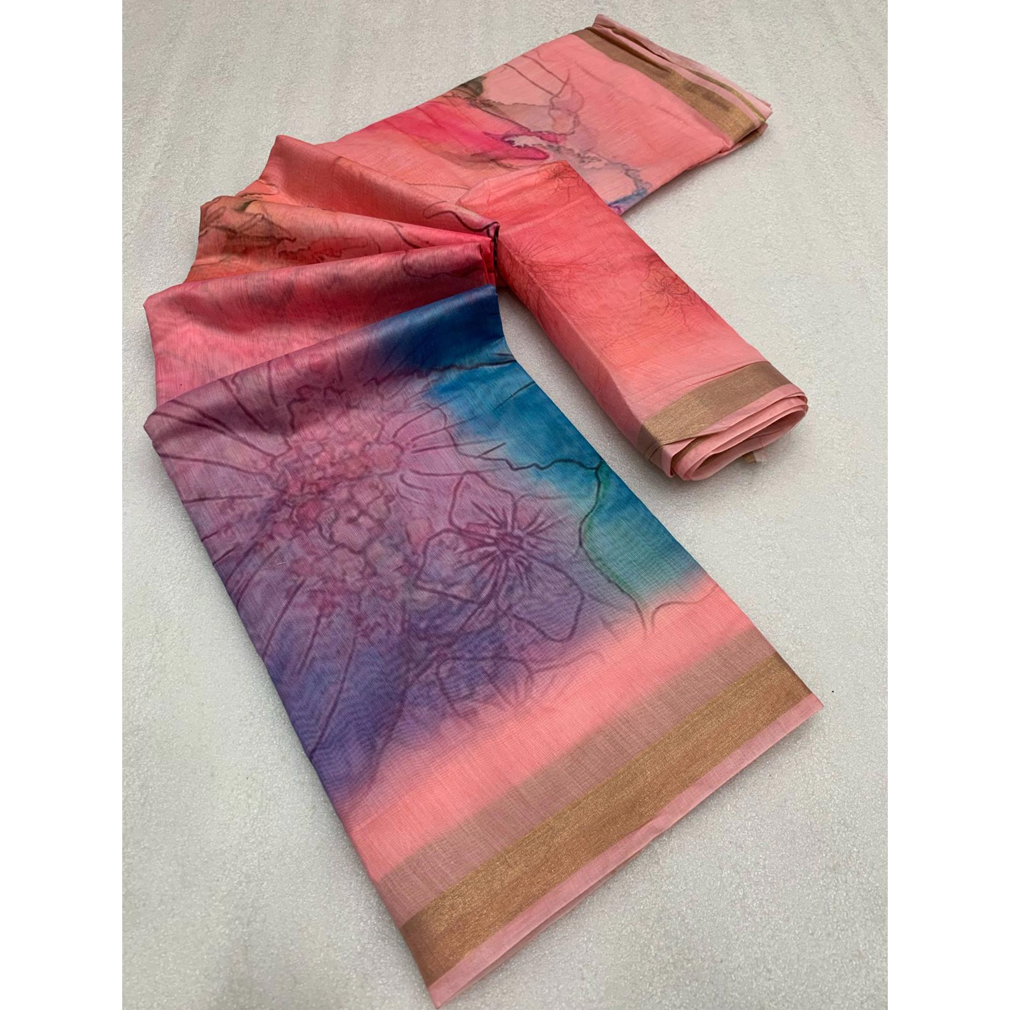 Peach Floral Digital Printed Chanderi Saree