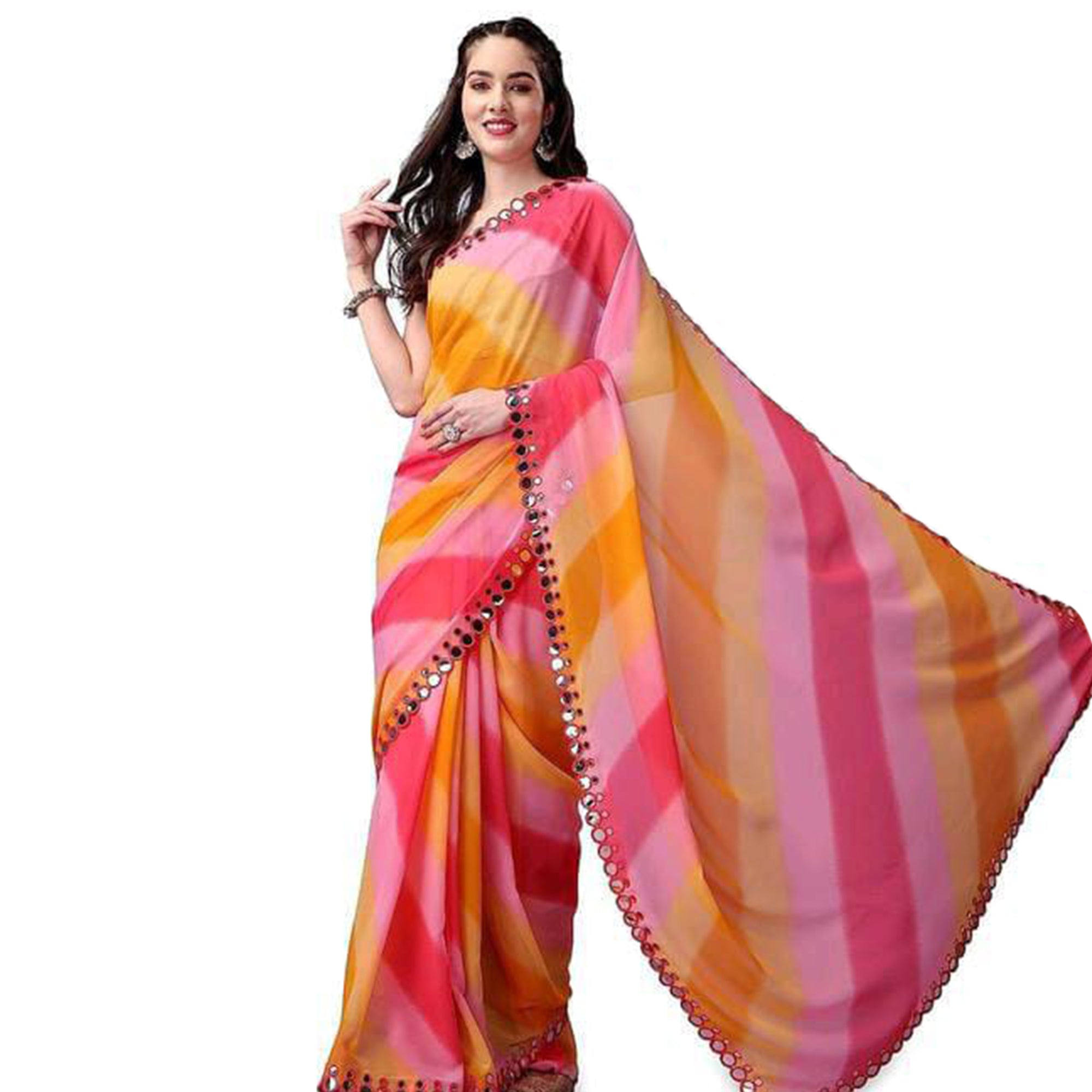 Multicolor Striped Printed Georgette Saree