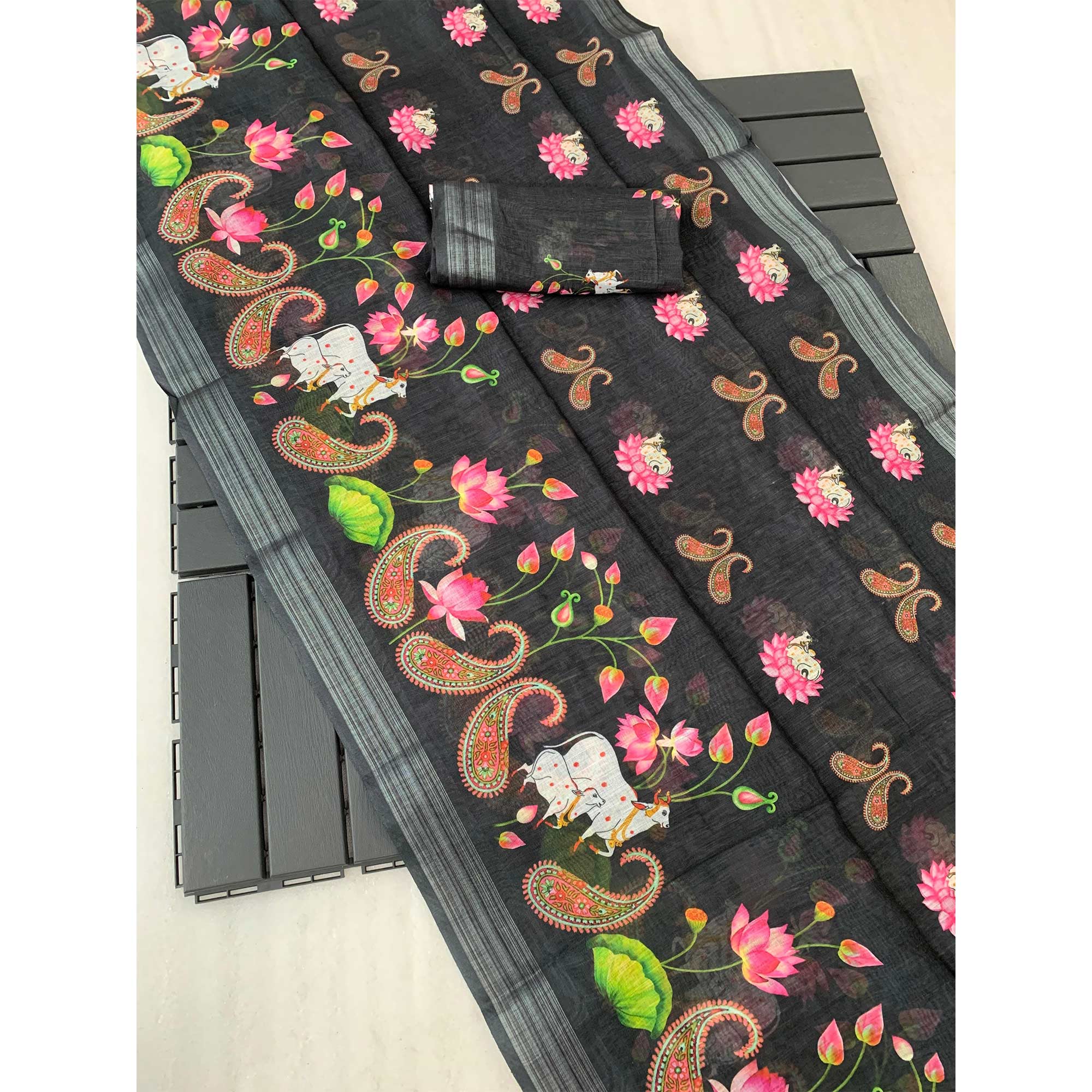 Black Digital Printed Linen Saree