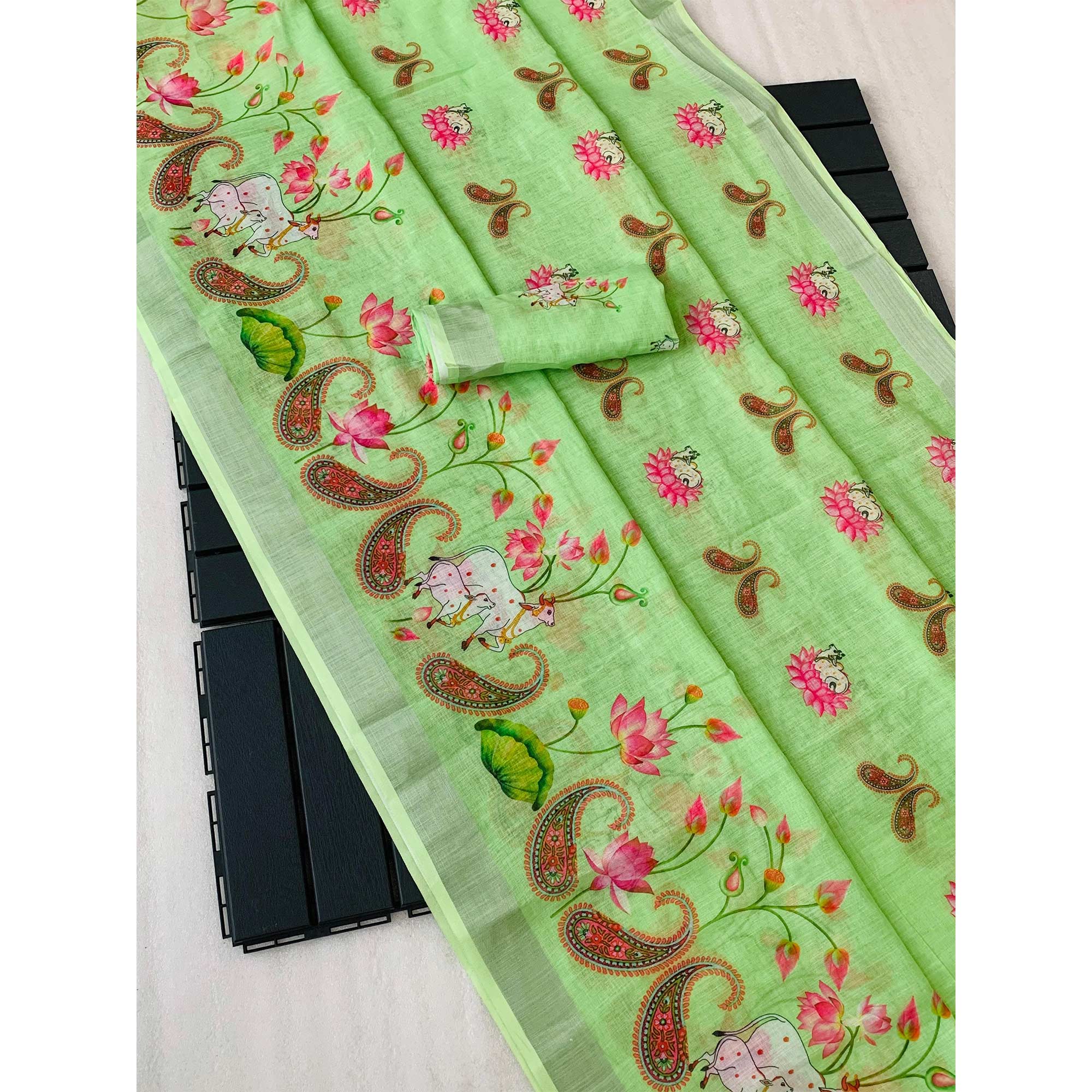 Pista Green Digital Printed Linen Saree