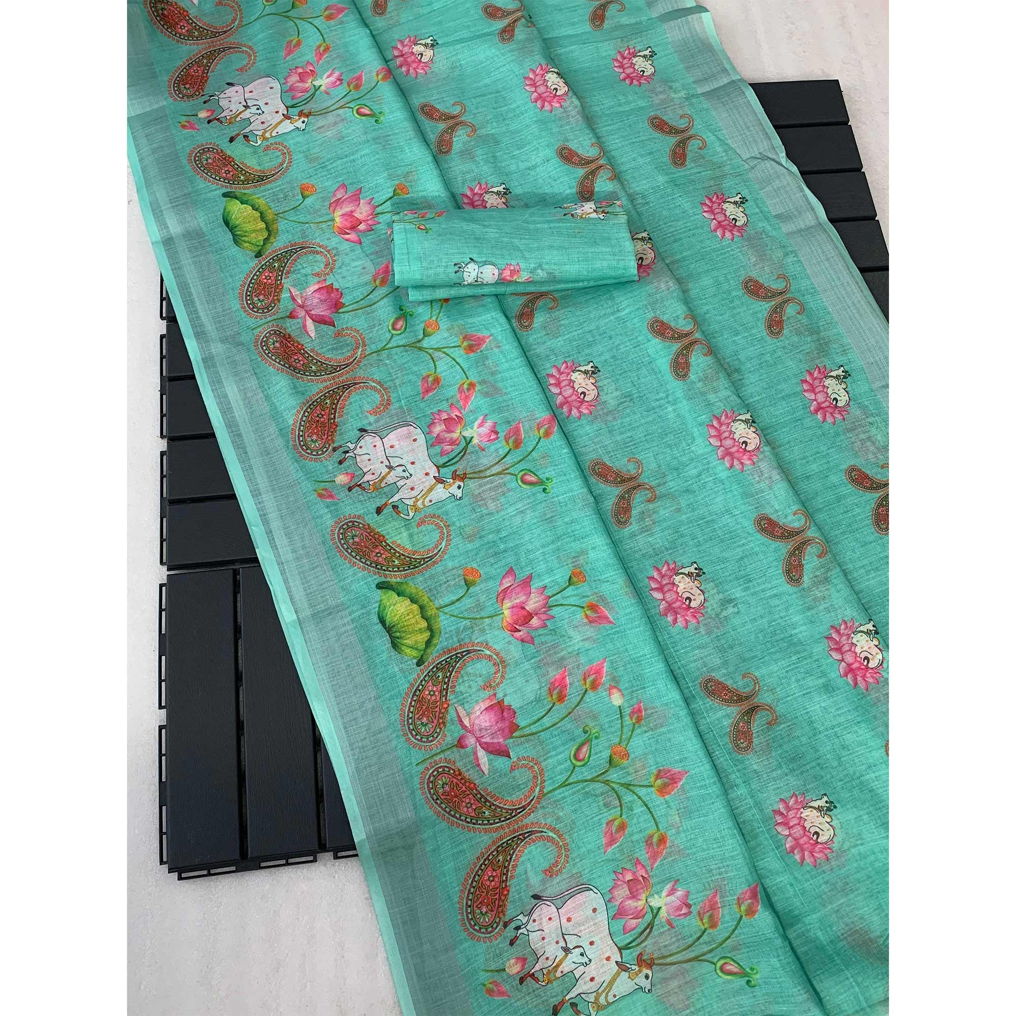 Turquoise Digital Printed Linen Saree