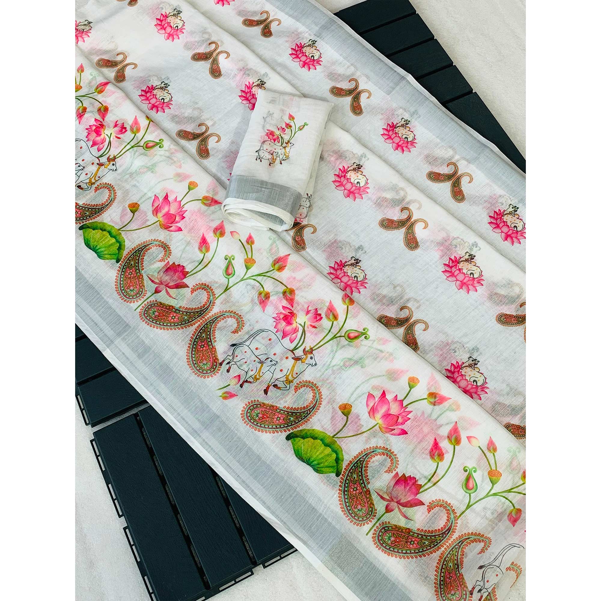 White Digital Printed Linen Saree