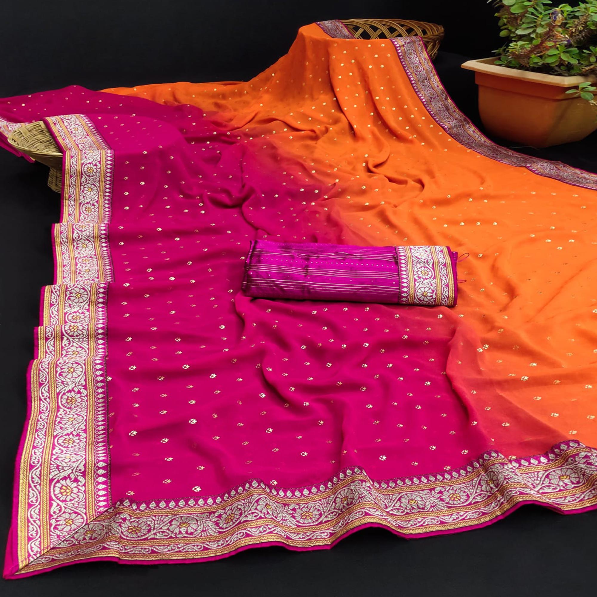 Orange & Pink Foil Printed Georgette Saree