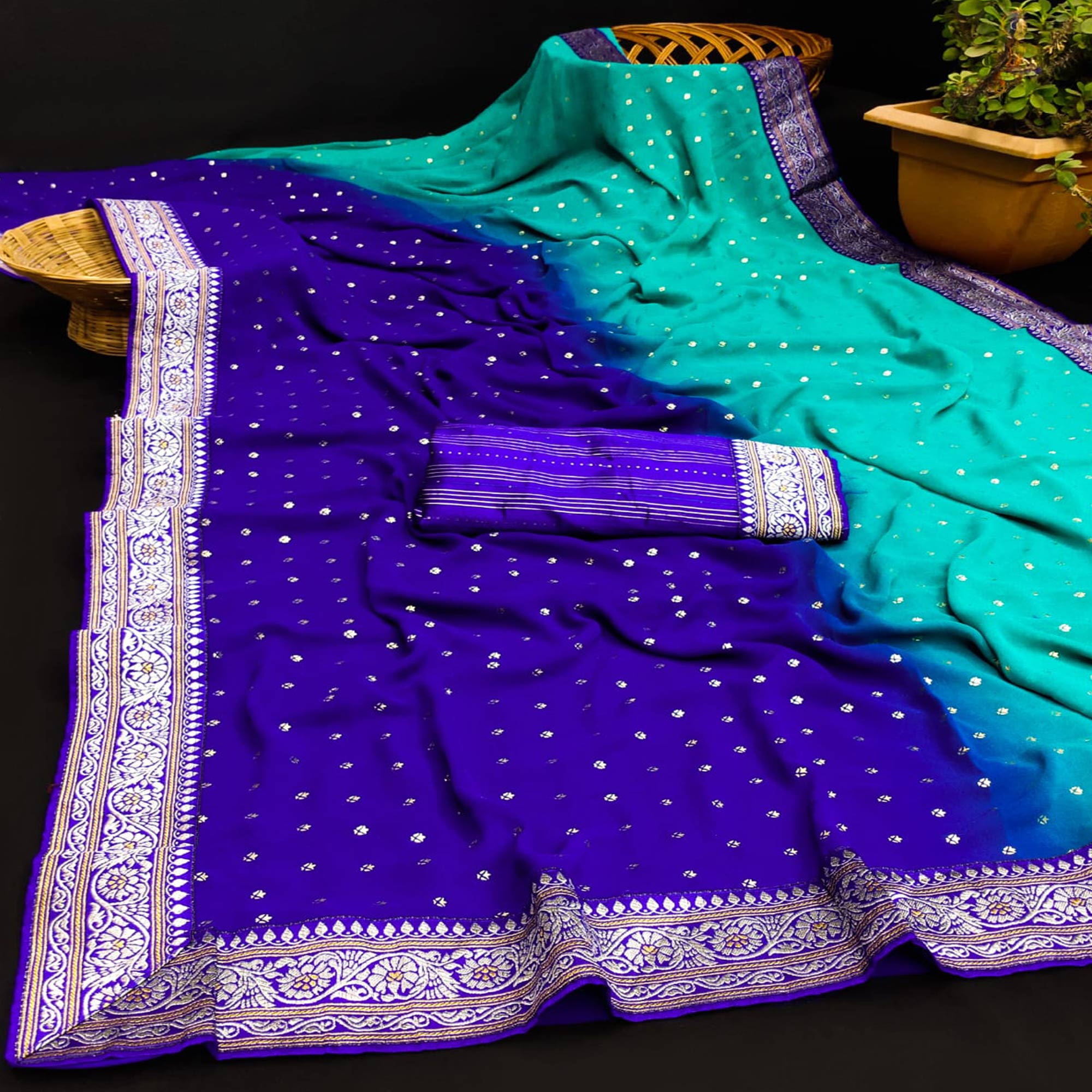 Turquoise & Blue Foil Printed Georgette Saree