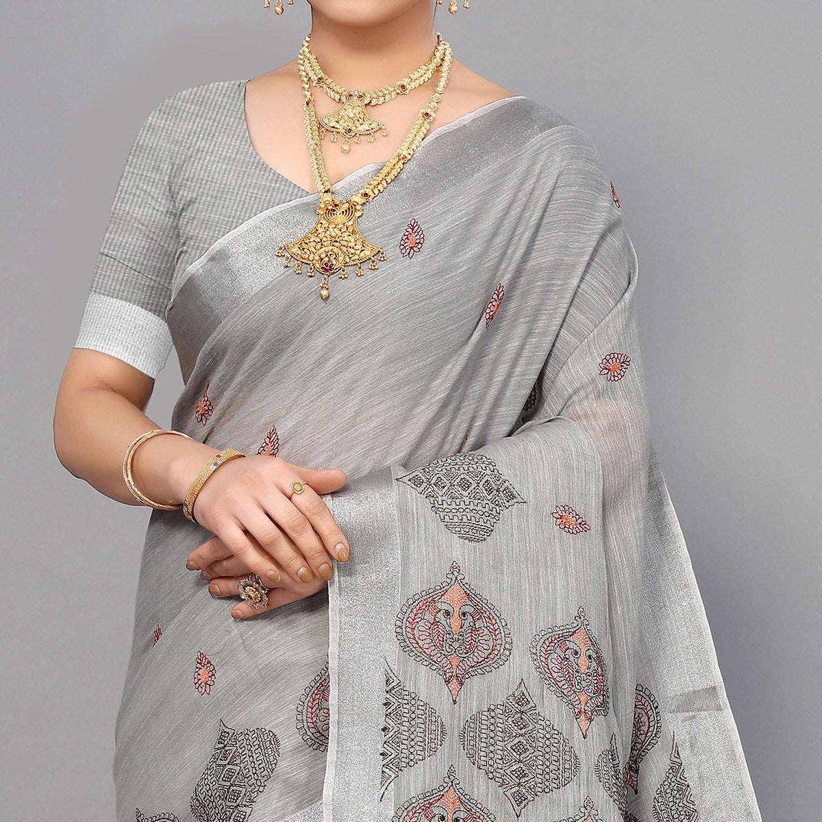 Grey Embroidered Cotton Silk Saree With Tassels