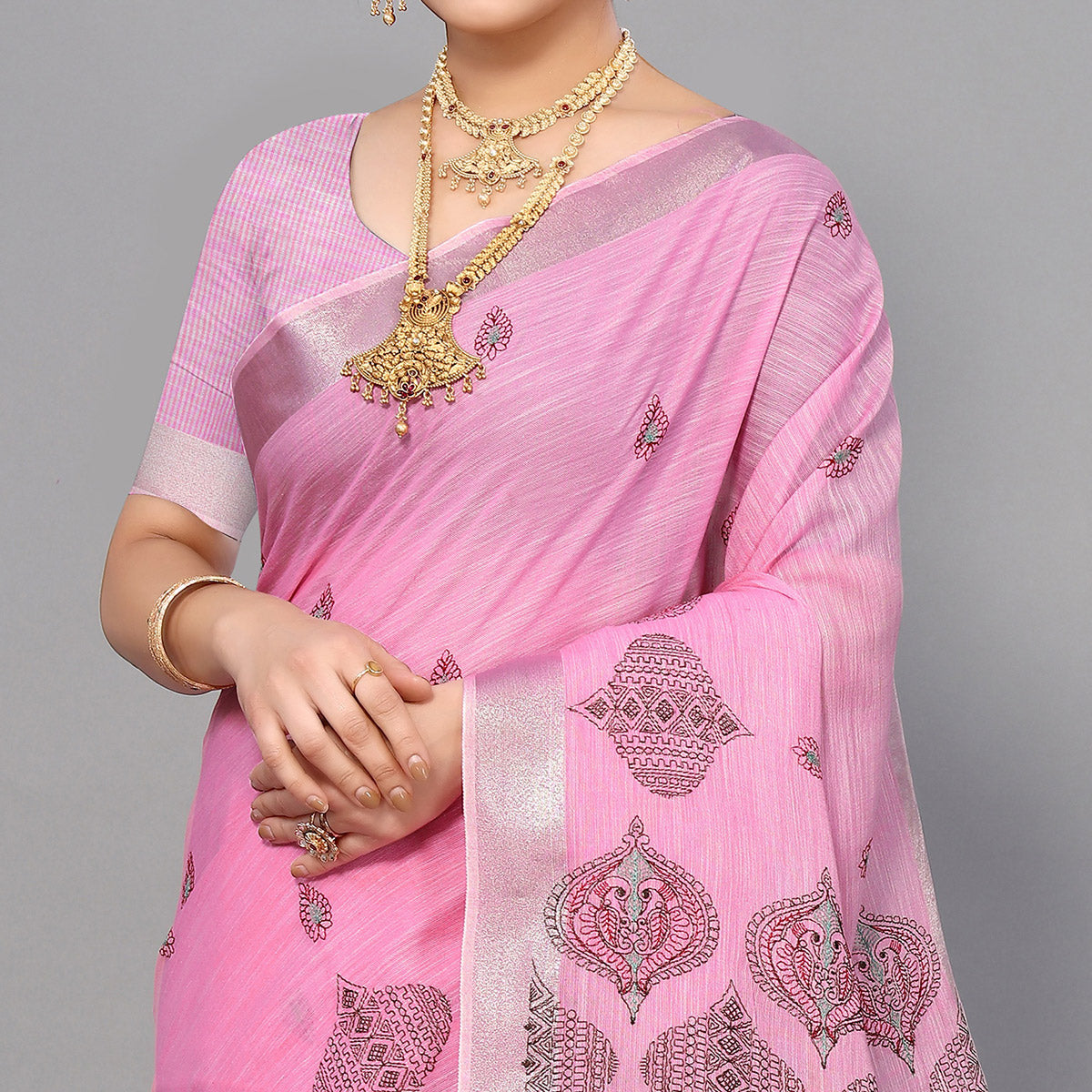 Pink Embroidered Cotton Silk Saree With Tassels