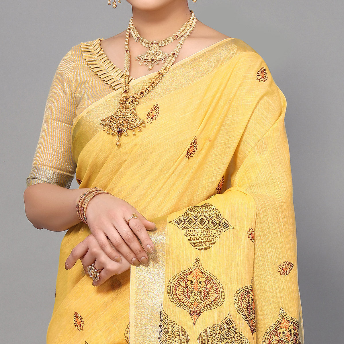Yellow Embroidered Cotton Silk Saree With Tassels