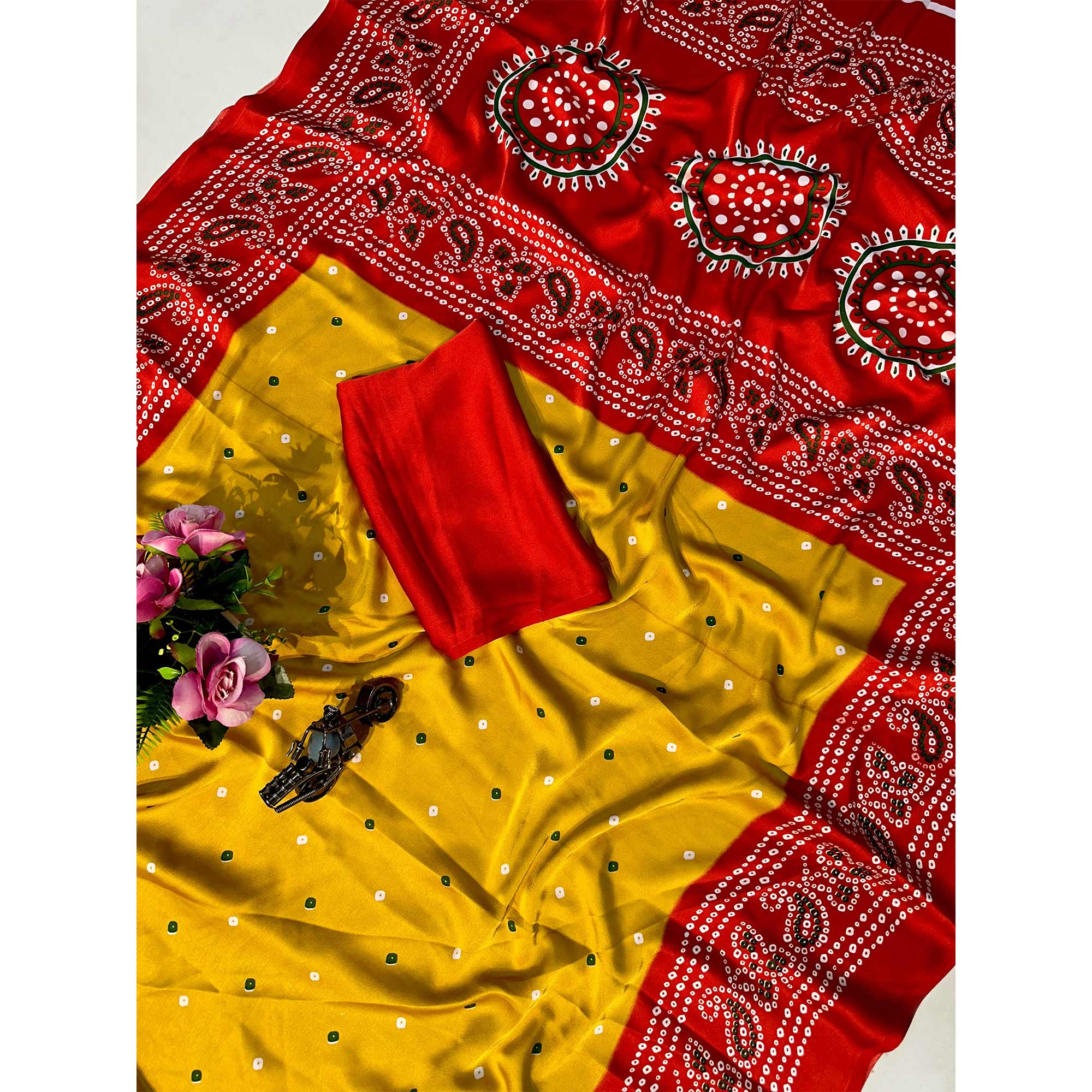 Mustard Satin Crepe Saree Showcasing Timeless Bandhani Print