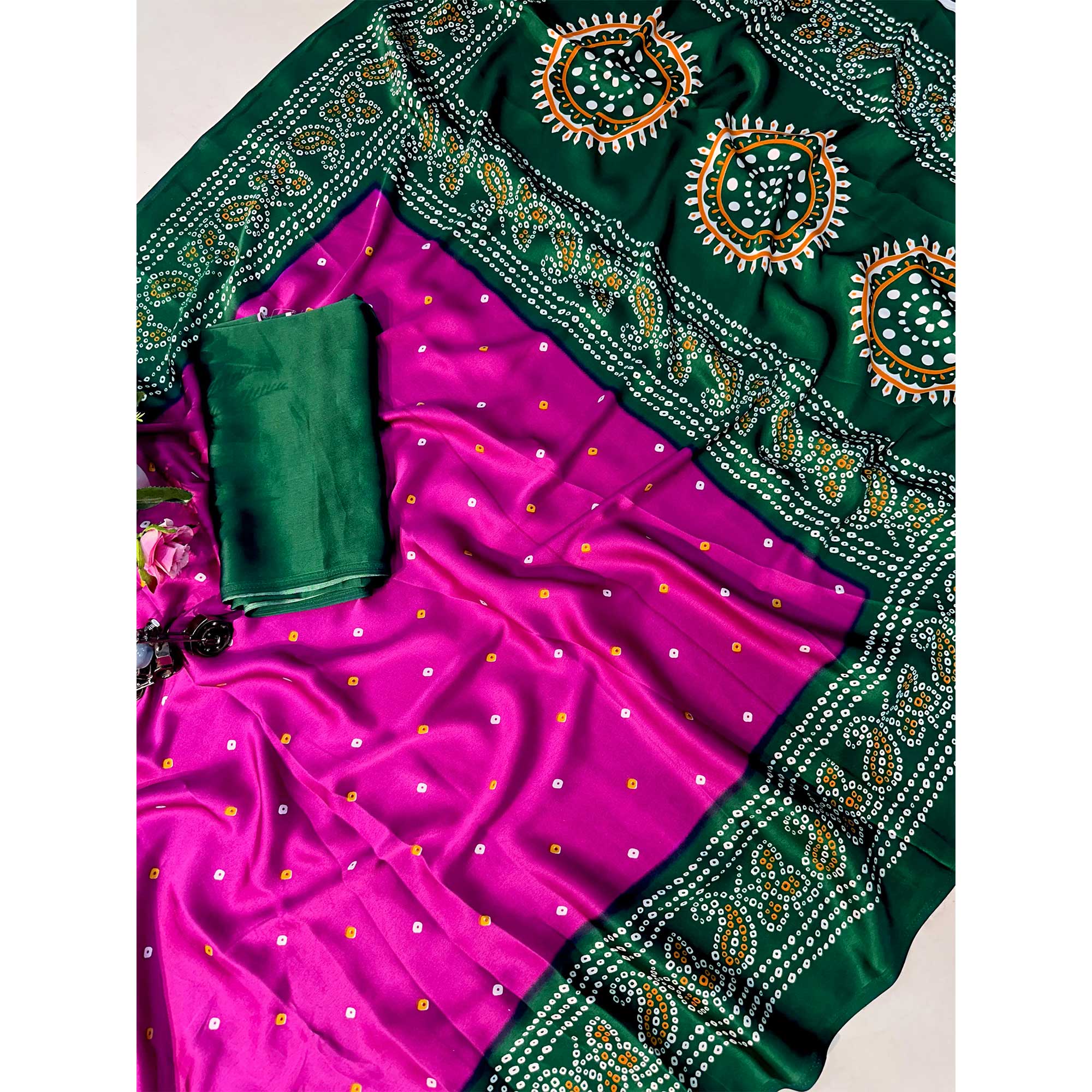 Pink Satin Crepe Saree Showcasing Timeless Bandhani Print