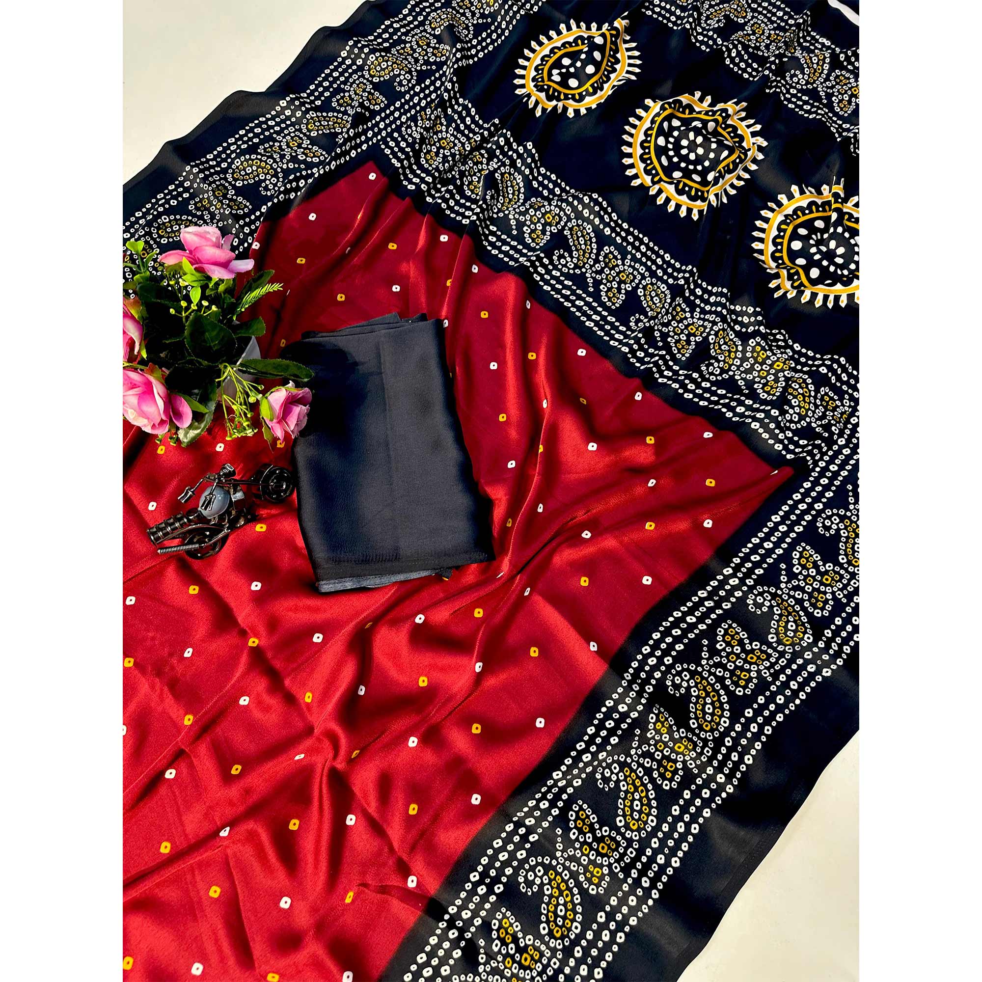Red Satin Crepe Saree Showcasing Timeless Bandhani Print
