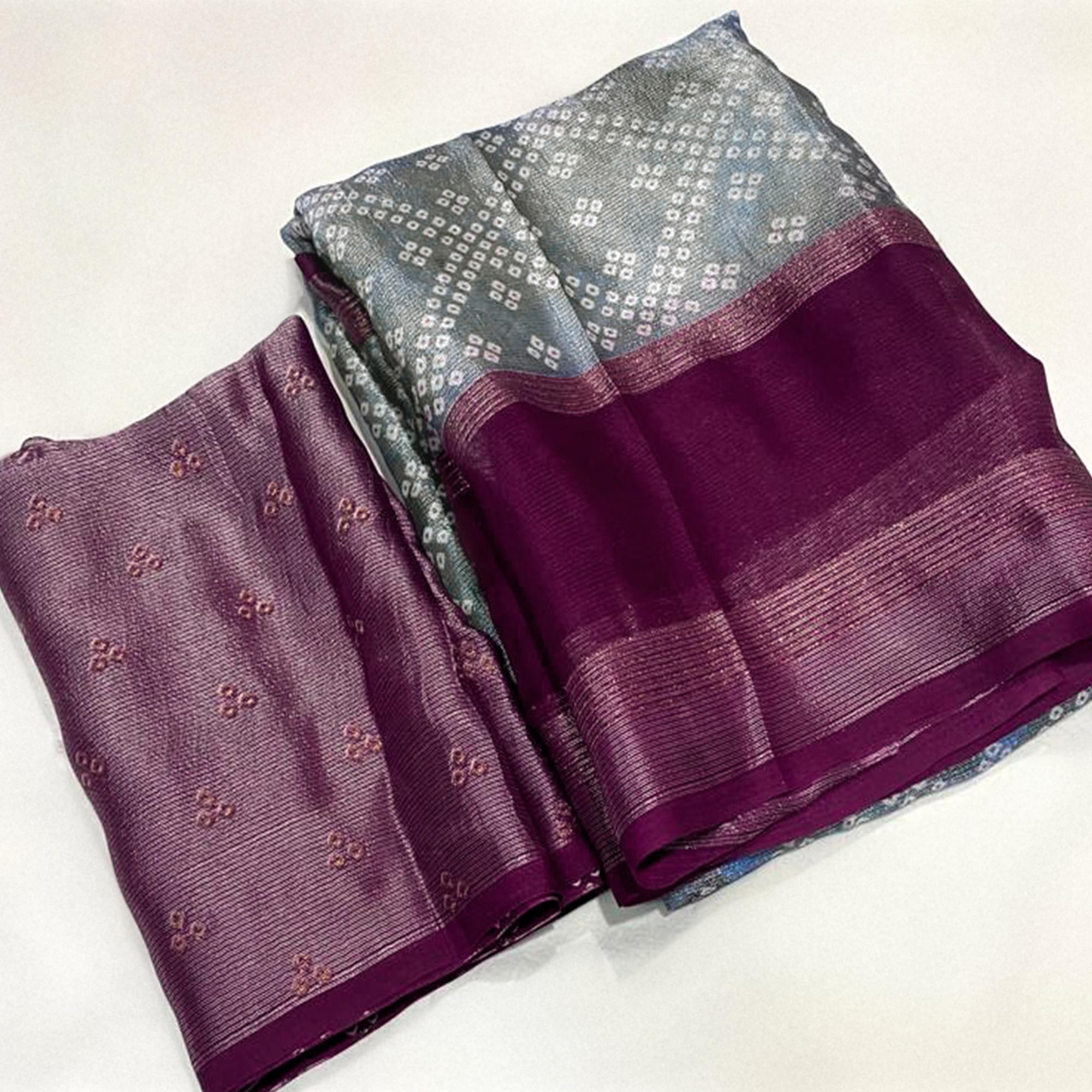 Grey Bandhani Printed Chiffon Saree With Zari Border