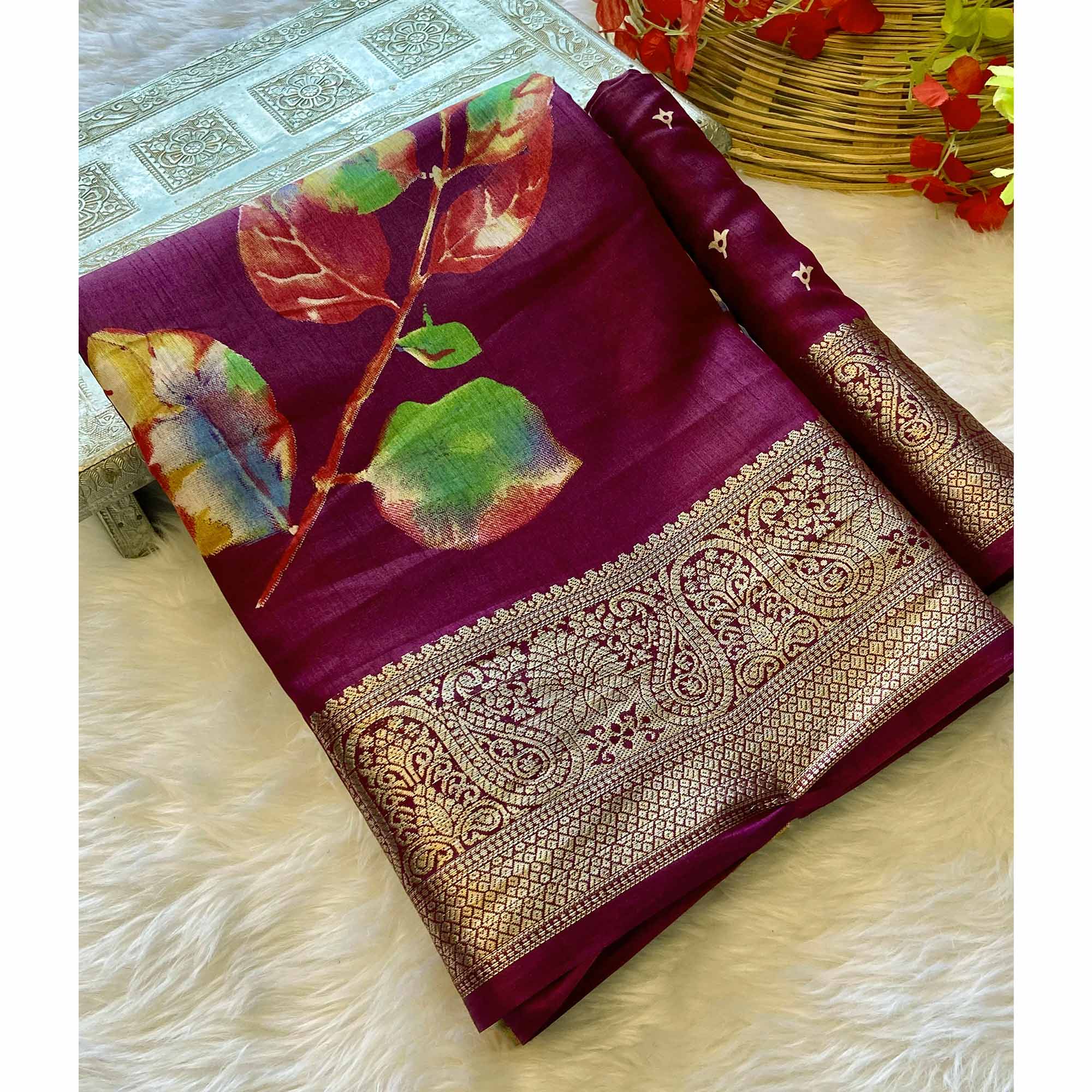 Magenta Floral Printed Dola Silk Saree