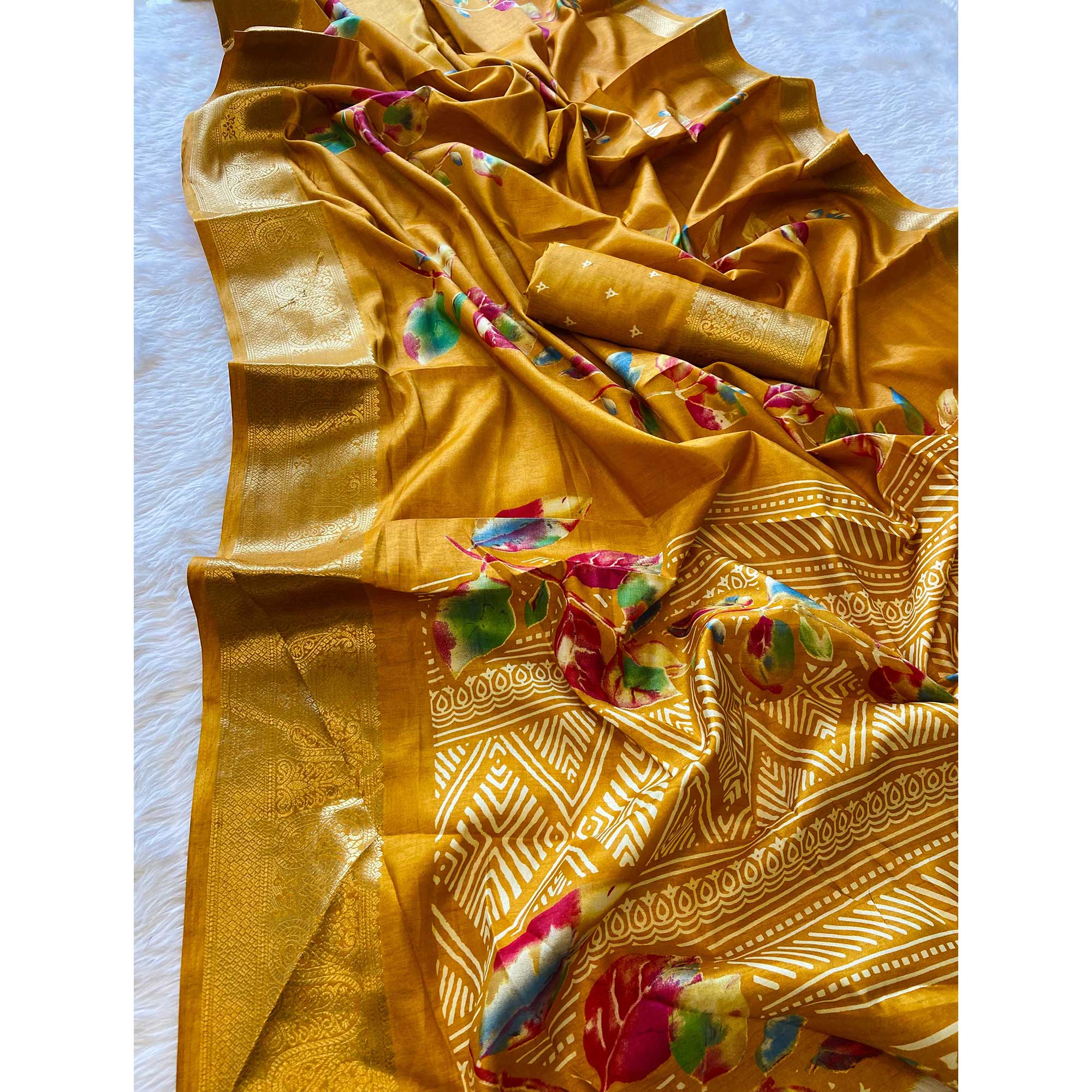 Mustard Floral Printed Dola Silk Saree