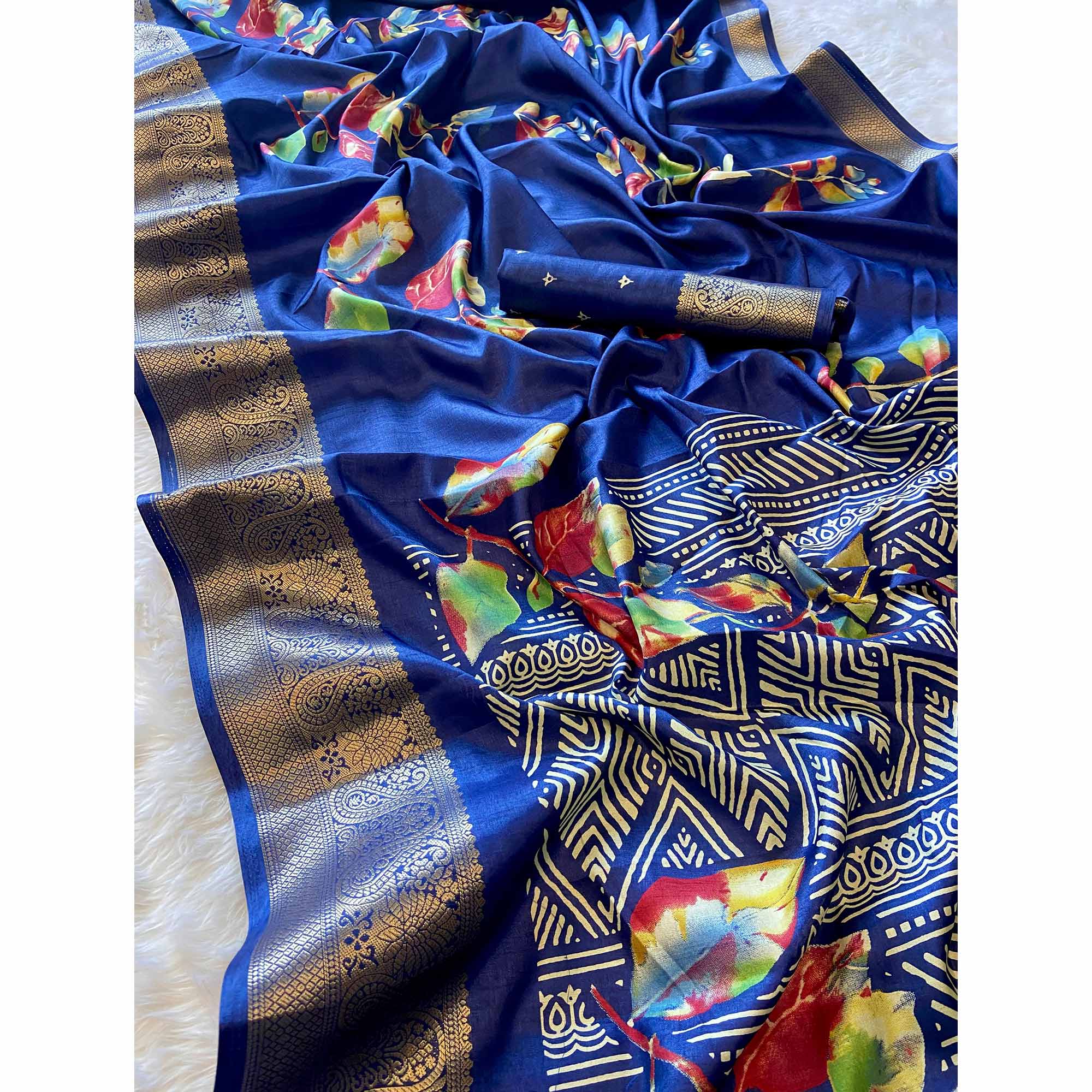 Navy Blue Floral Printed Dola Silk Saree