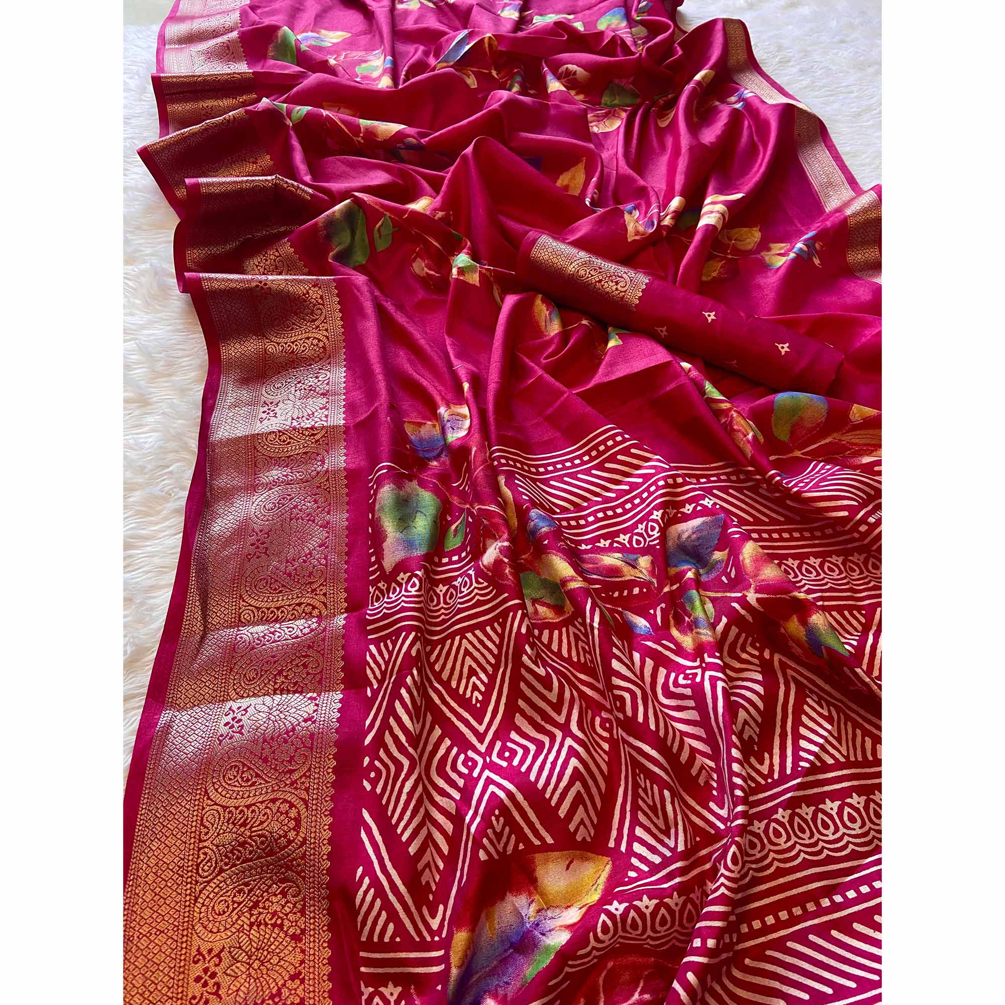 Pink Floral Printed Dola Silk Saree