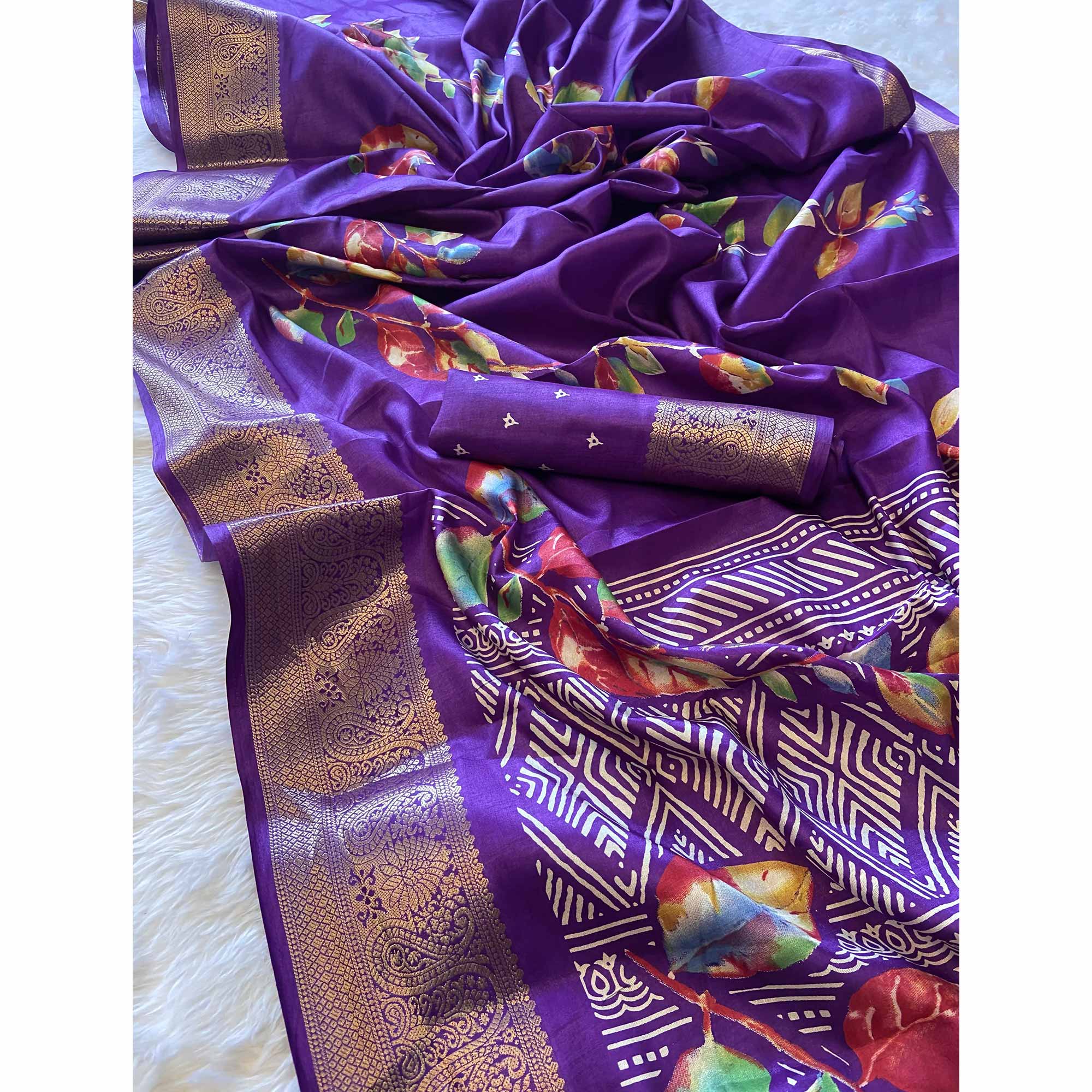 Purple Floral Printed Dola Silk Saree