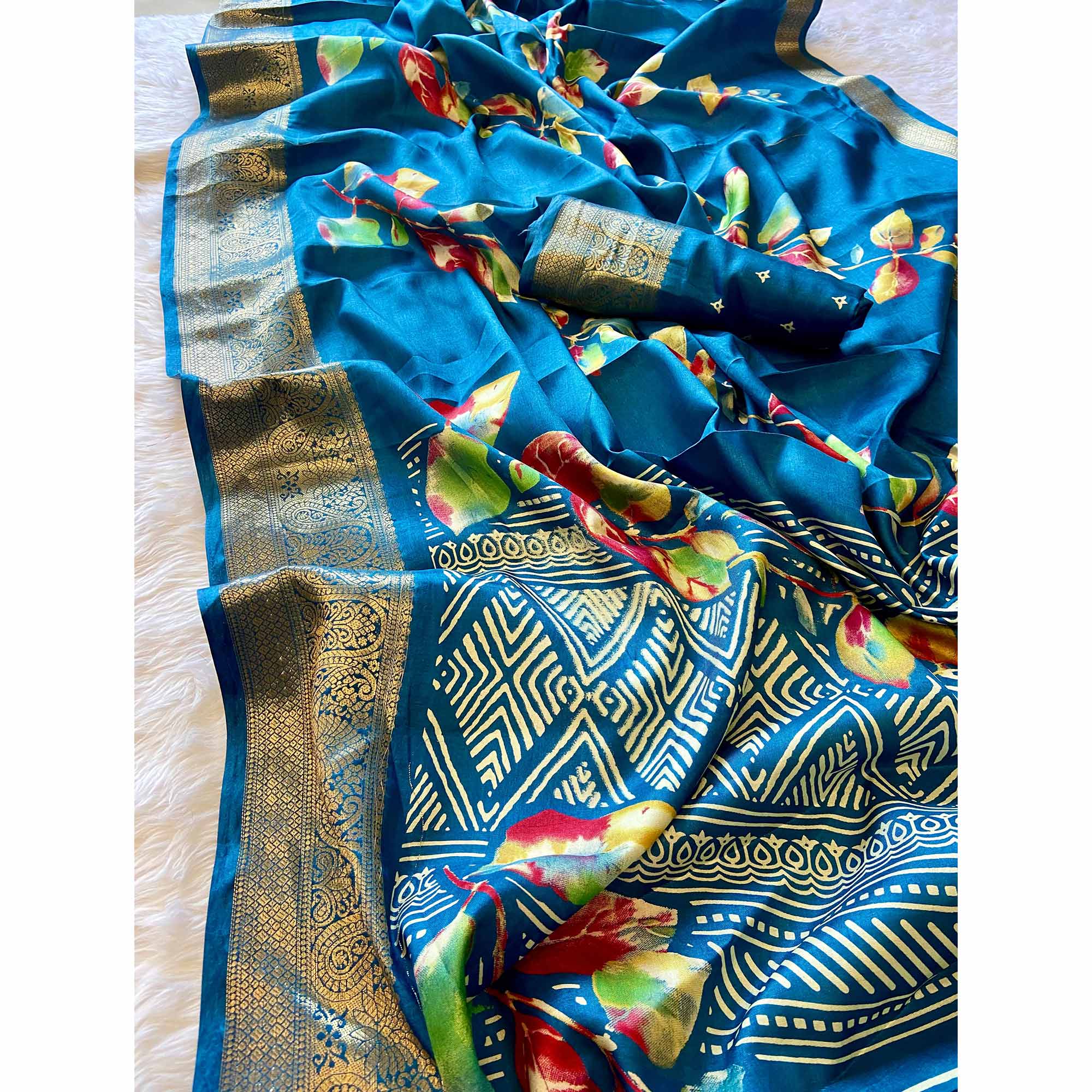 Teal Floral Printed Dola Silk Saree