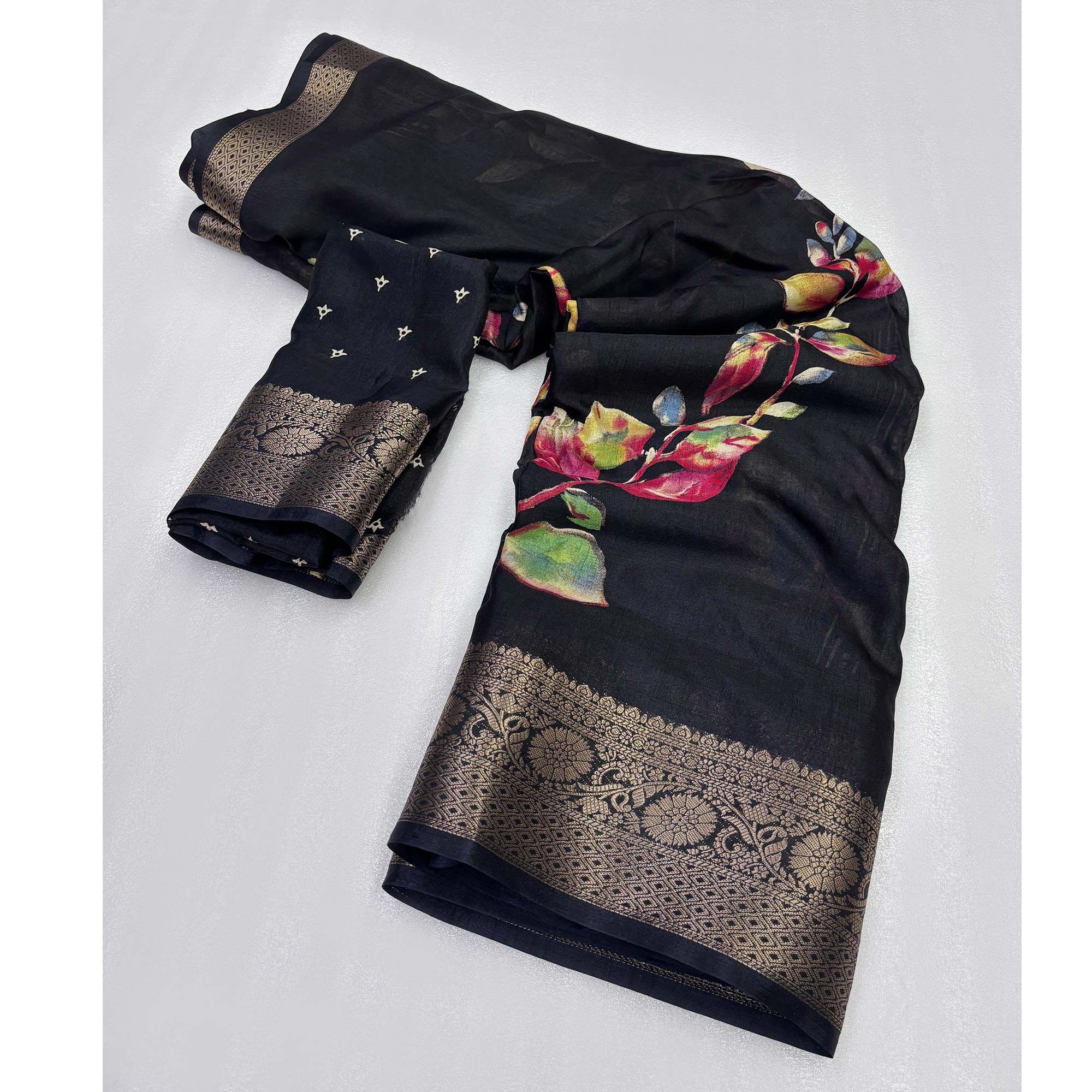 Black Printed Dola Silk Saree With Jacquard Border