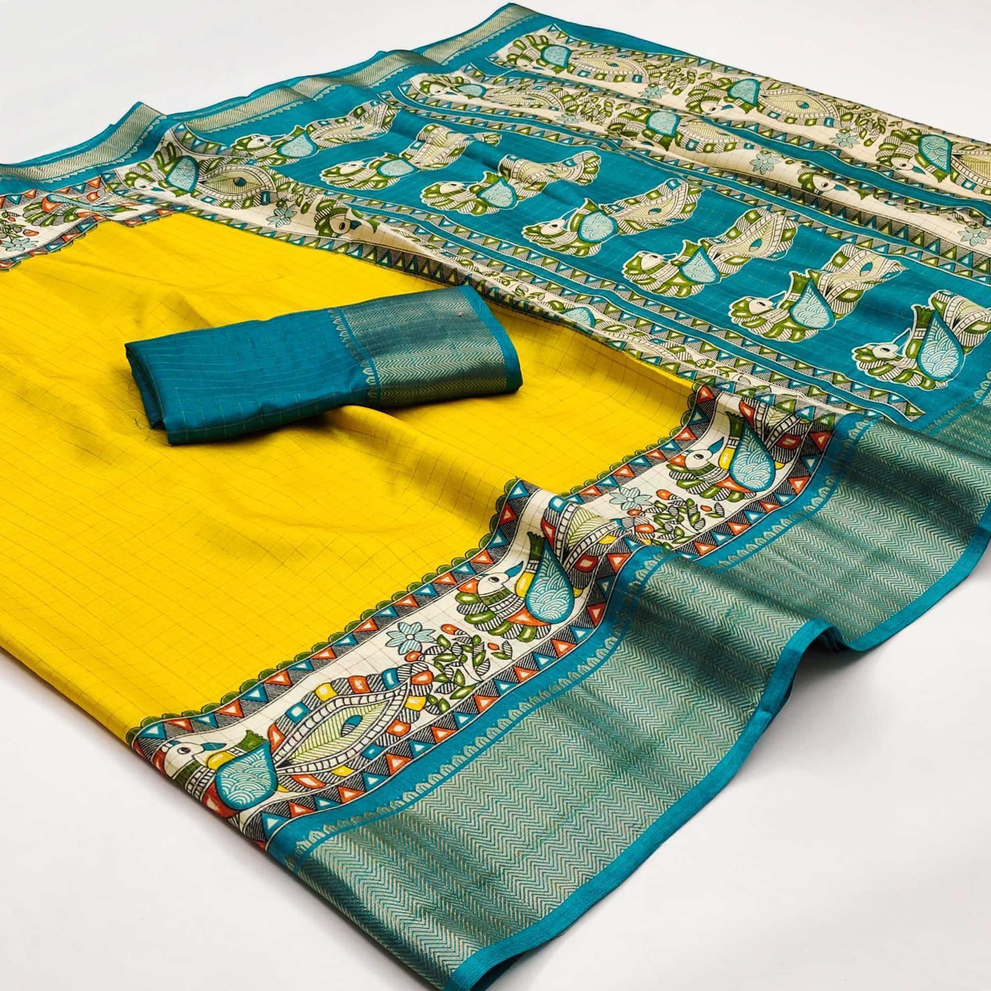 Yellow Madhubani Work Woven Dola Silk Saree