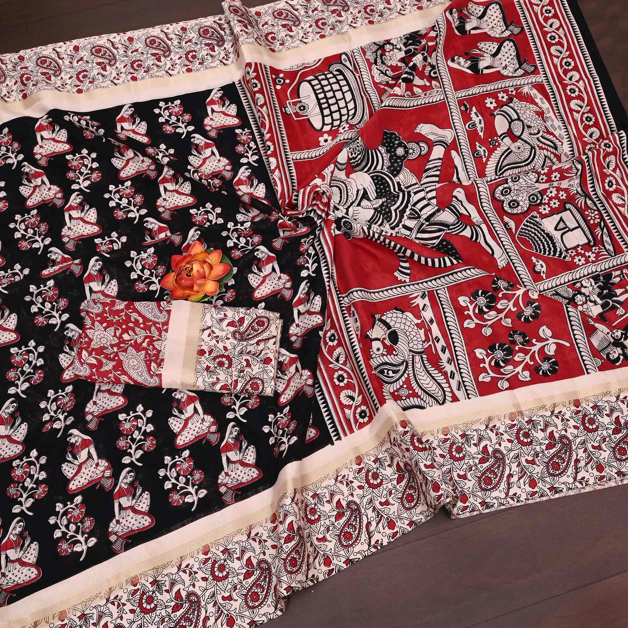 Black Kalamkari Print on Soft Mulmul Cotton Saree for Effortless Style