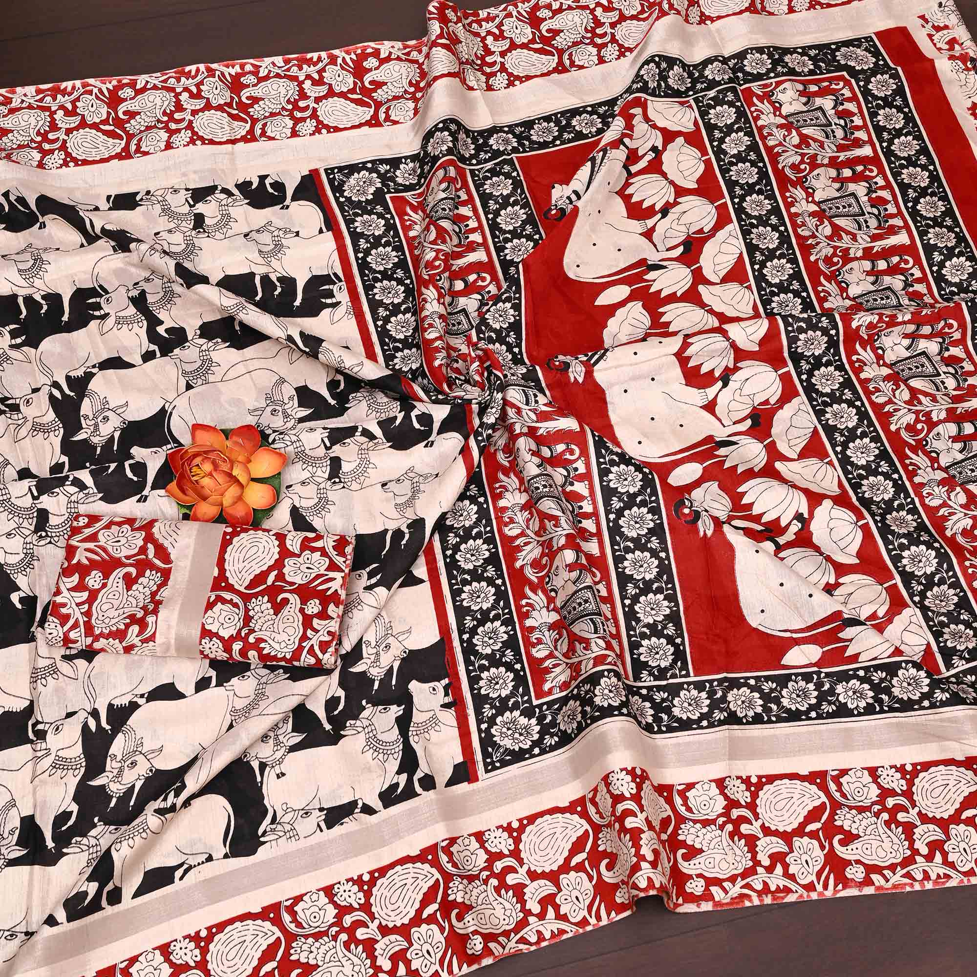 Black & Red Kalamkari Print on Soft Mulmul Cotton Saree for Effortless Style
