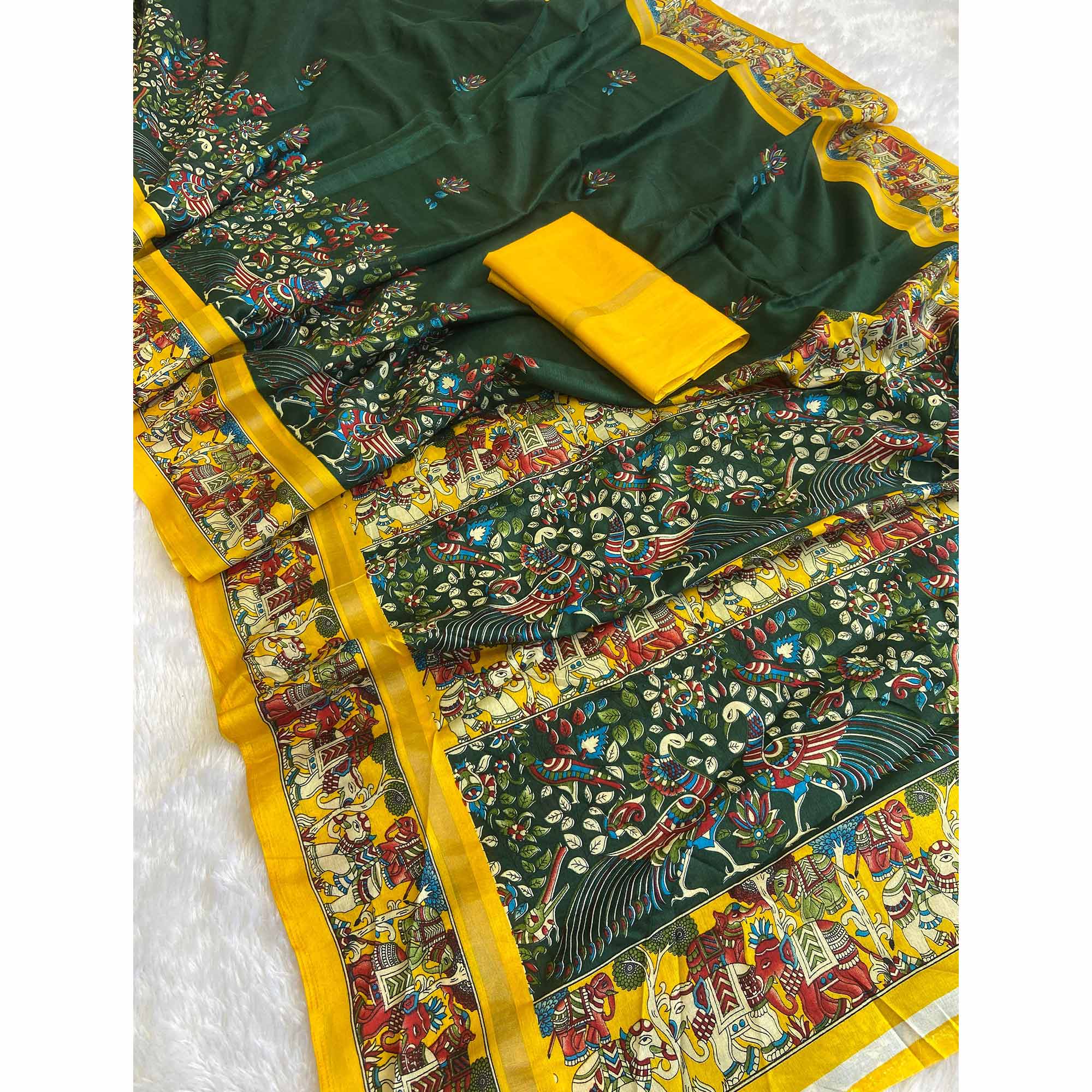 Green Kalamkari Print on Soft Mulmul Cotton Saree for Effortless Style