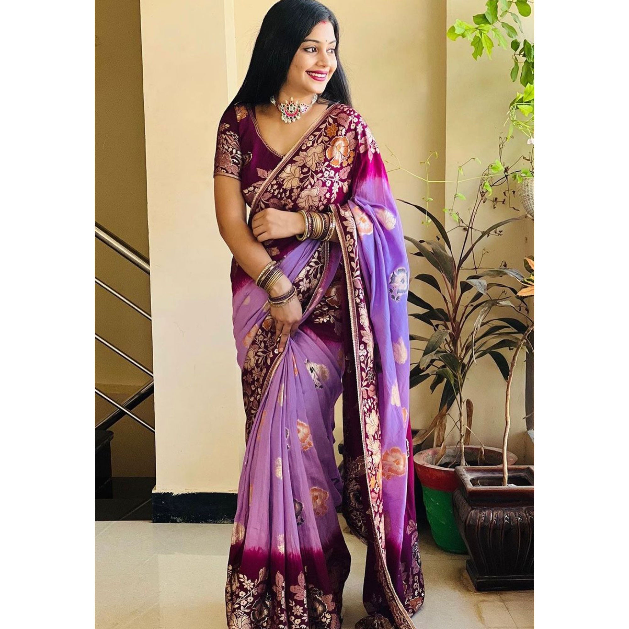 Lavender Floral Woven Dola Silk Saree