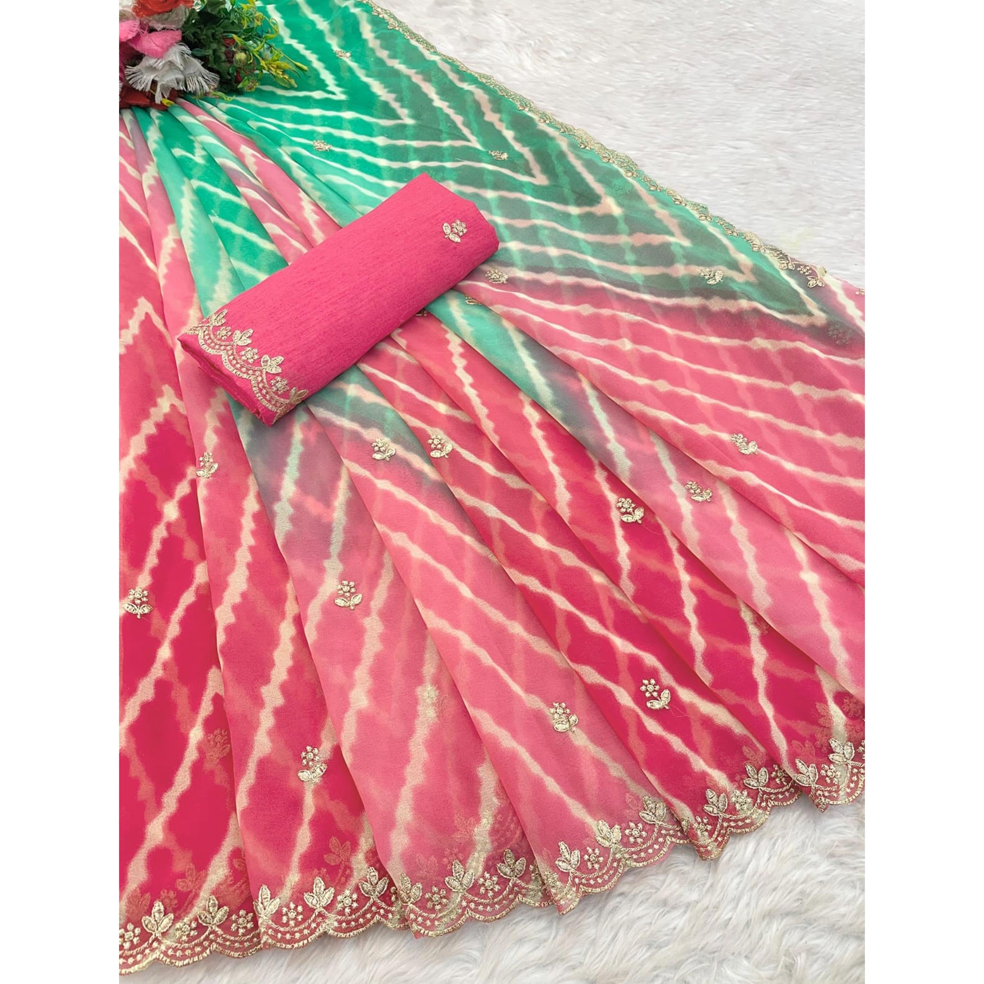 Festive Georgette Saree in Pink & Green with Ethnic Leheriya Print and Fine Embroidery