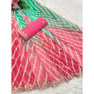 Festive Georgette Saree in Pink & Green with Ethnic Leheriya Print and Fine Embroidery