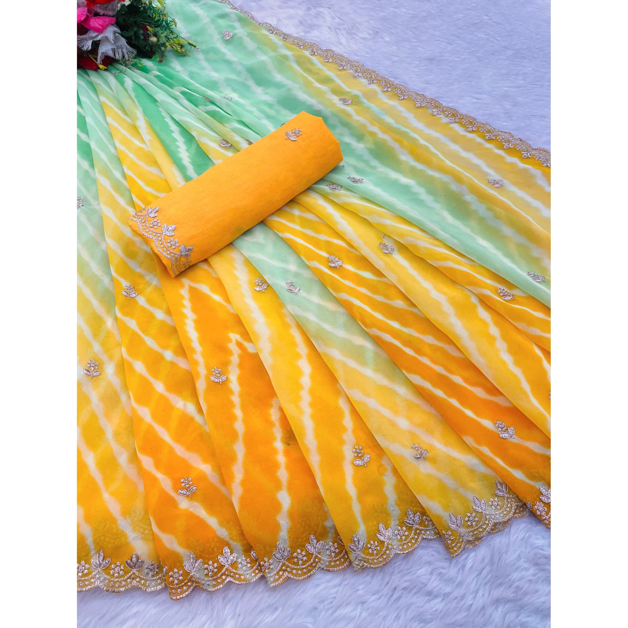 Festive Georgette Saree in Yellow & Green with Ethnic Leheriya Print and Fine Embroidery