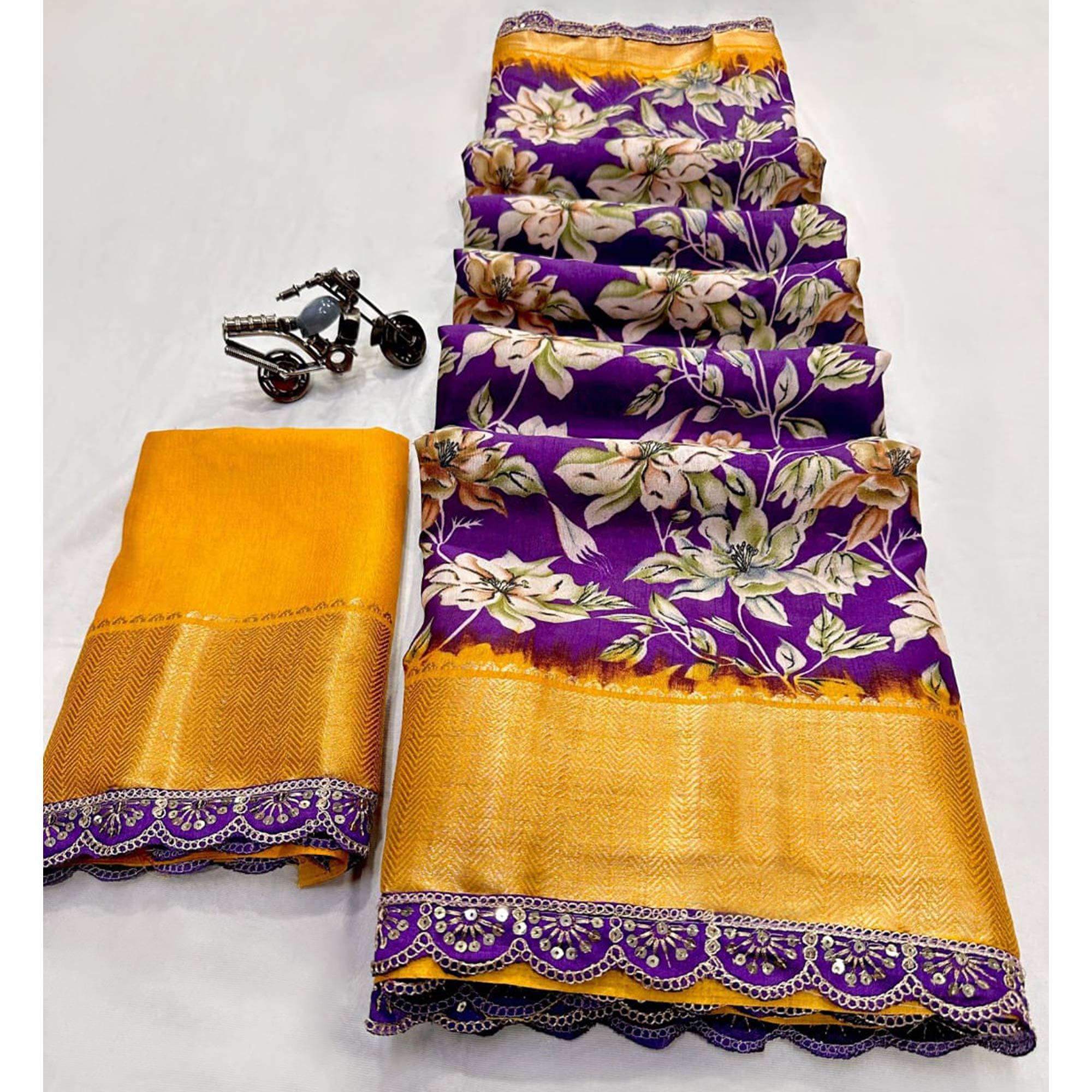 Purple Floral Printed Dola Silk Saree With Zari Border